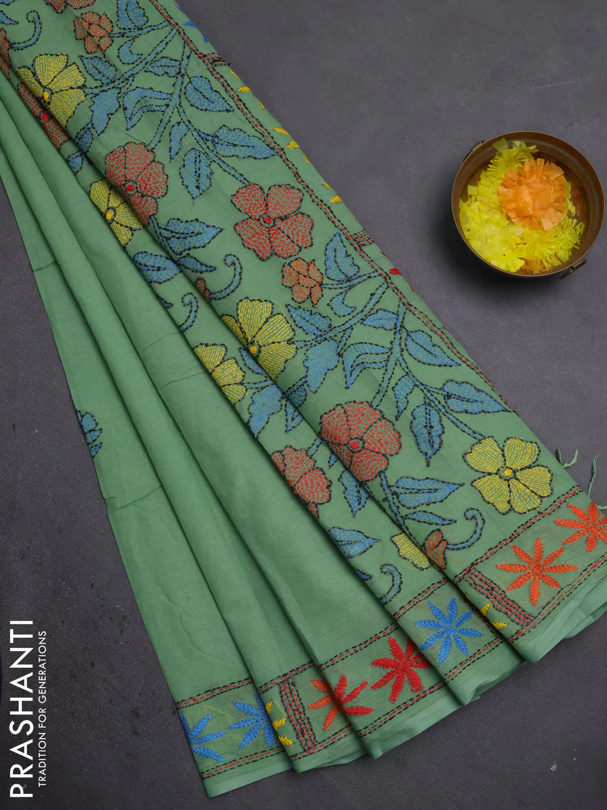 Cotton saree pista green with kantha stitch work and kantha stitch work pallu