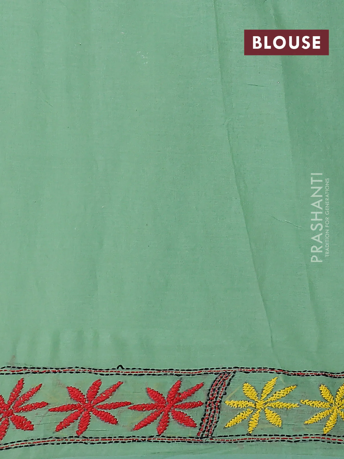Cotton saree pista green with kantha stitch work and kantha stitch work pallu - Image 3