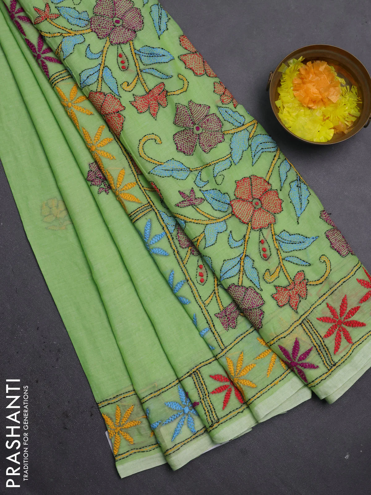 Cotton saree pista green with kantha stitch work and kantha stitch work pallu