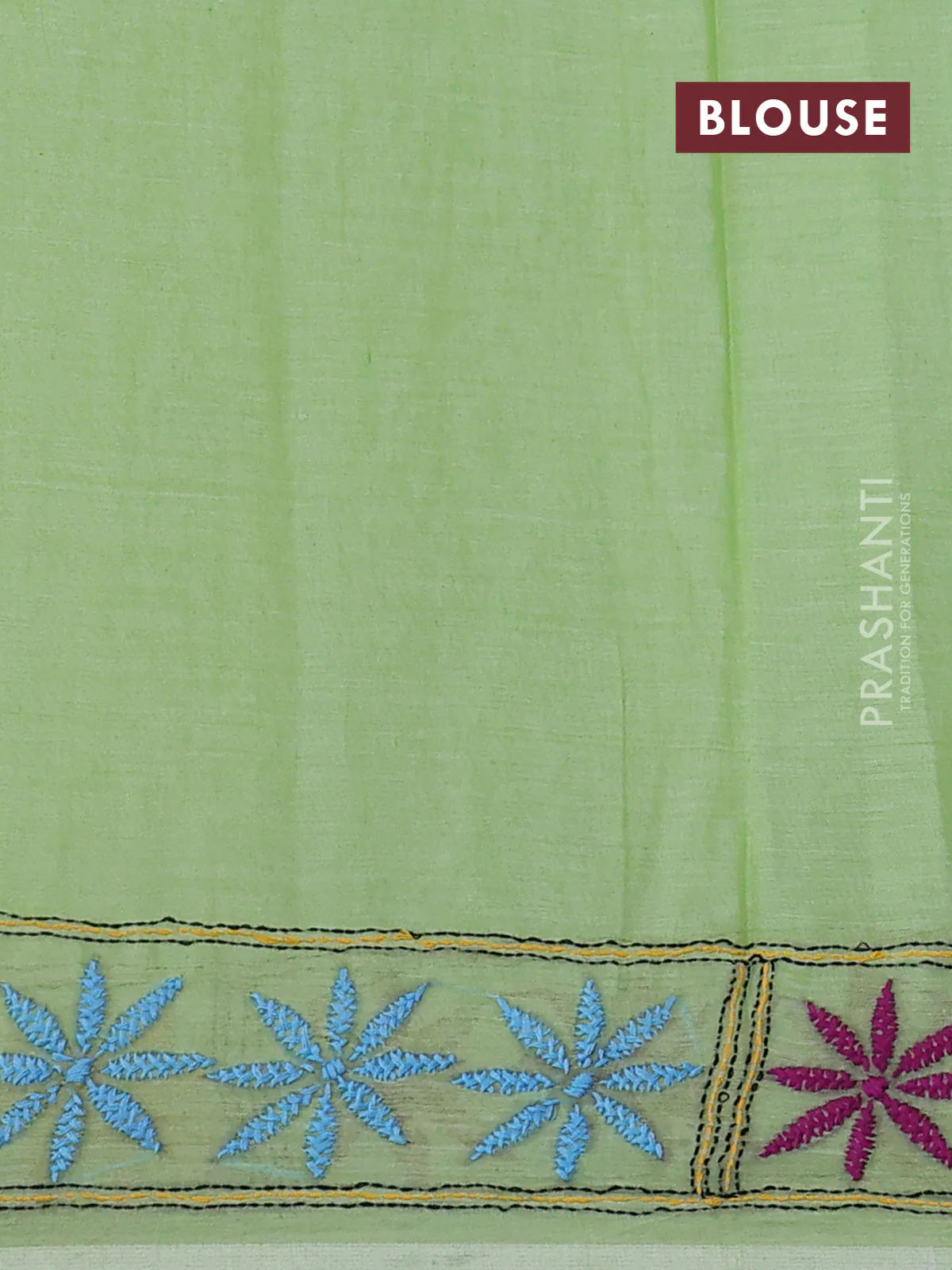 Cotton saree pista green with kantha stitch work and kantha stitch work pallu - Image 3