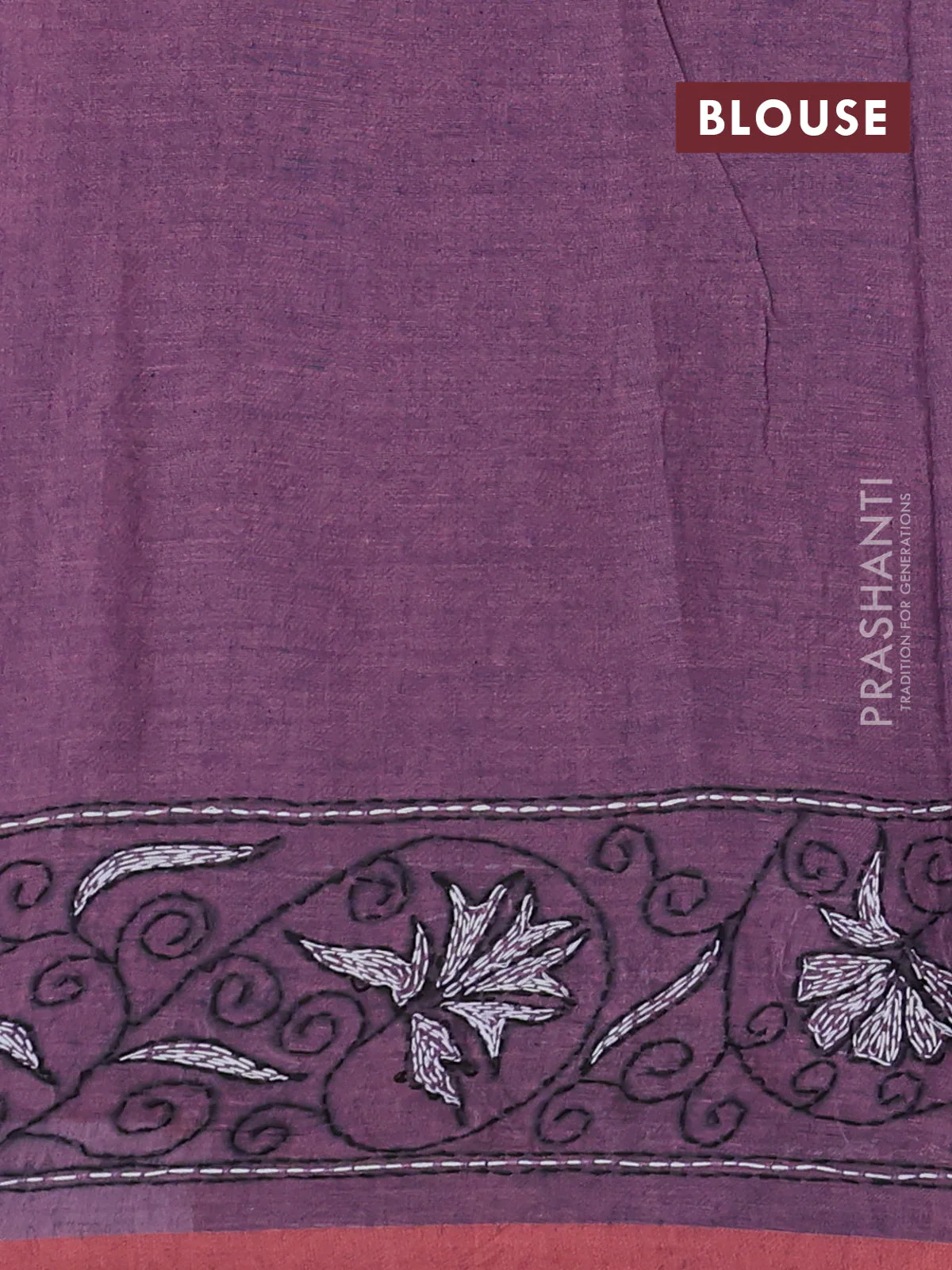 Cotton saree purple and peach with kantha stitch work and kantha stitch work pallu - Image 3