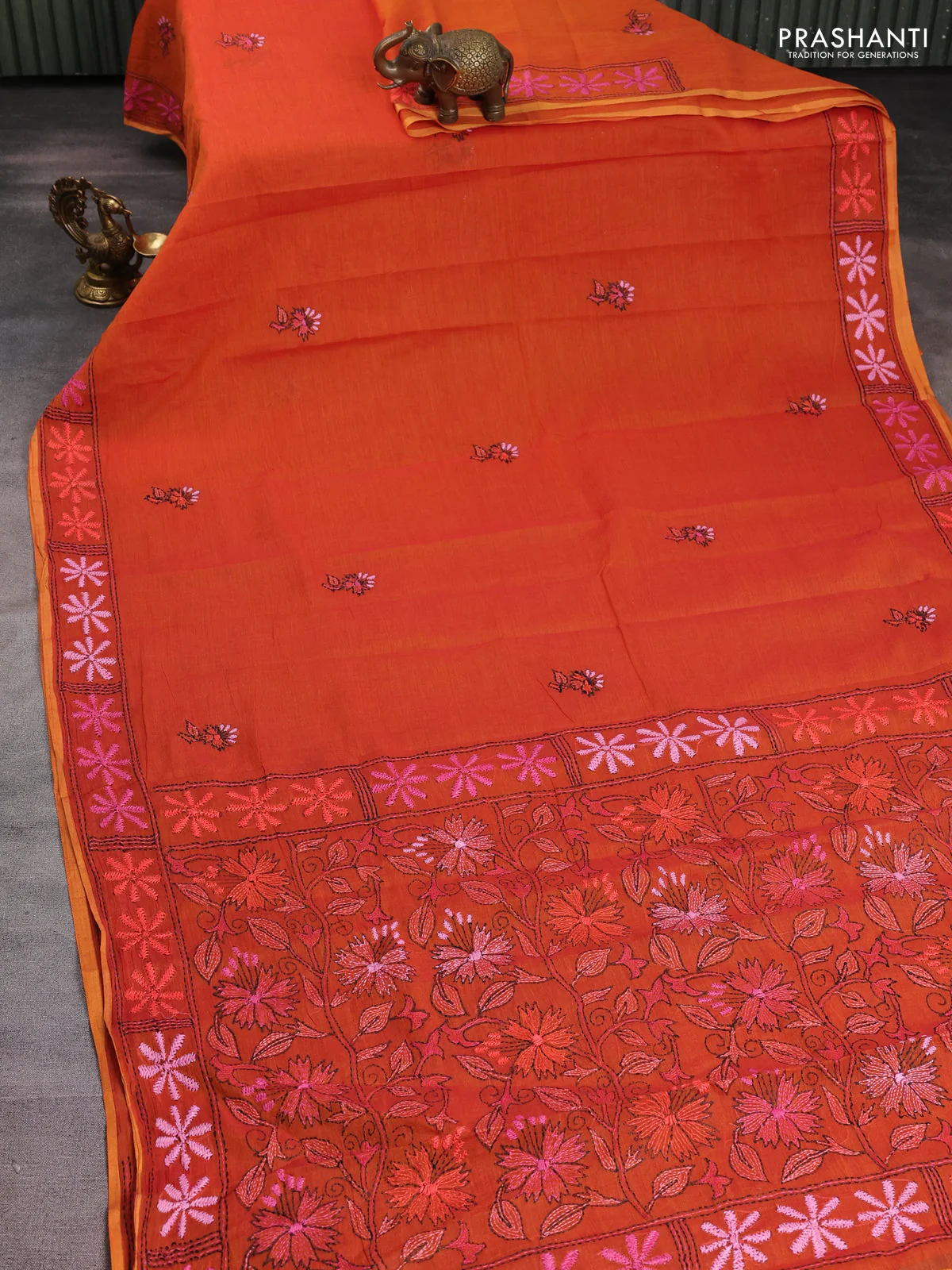 Cotton saree rustic orange with kantha stitch work and kantha stitch work pallu - Image 2