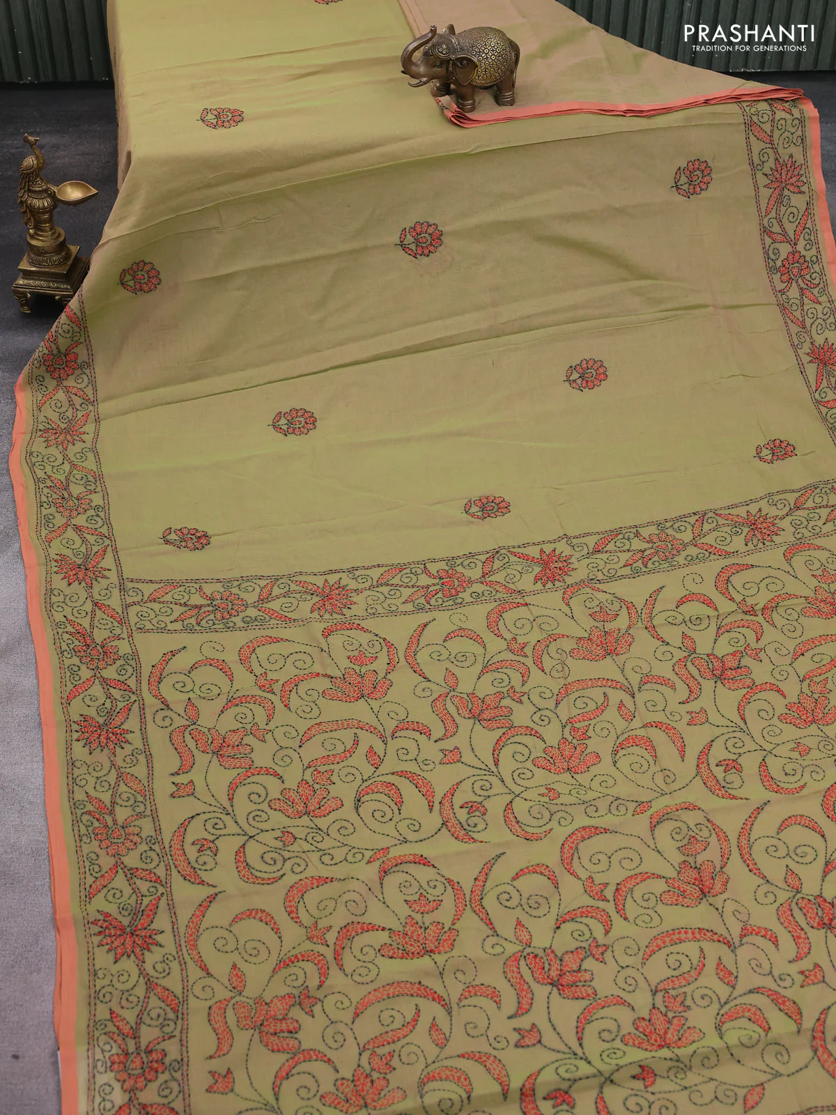 Cotton saree sap green and pastel orange with kantha stitch work and kantha stitch work pallu - Image 2