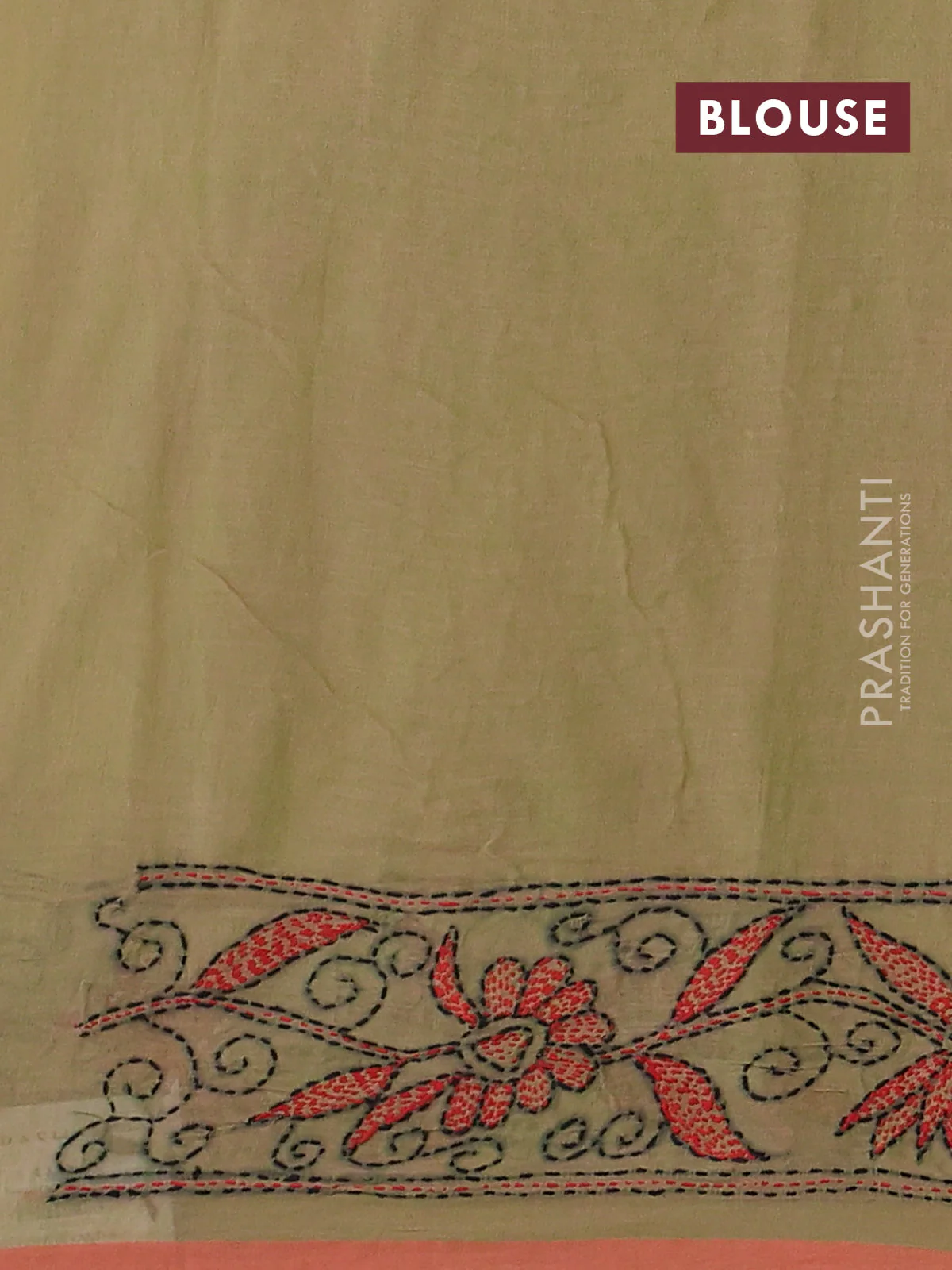 Cotton saree sap green and pastel orange with kantha stitch work and kantha stitch work pallu - Image 3
