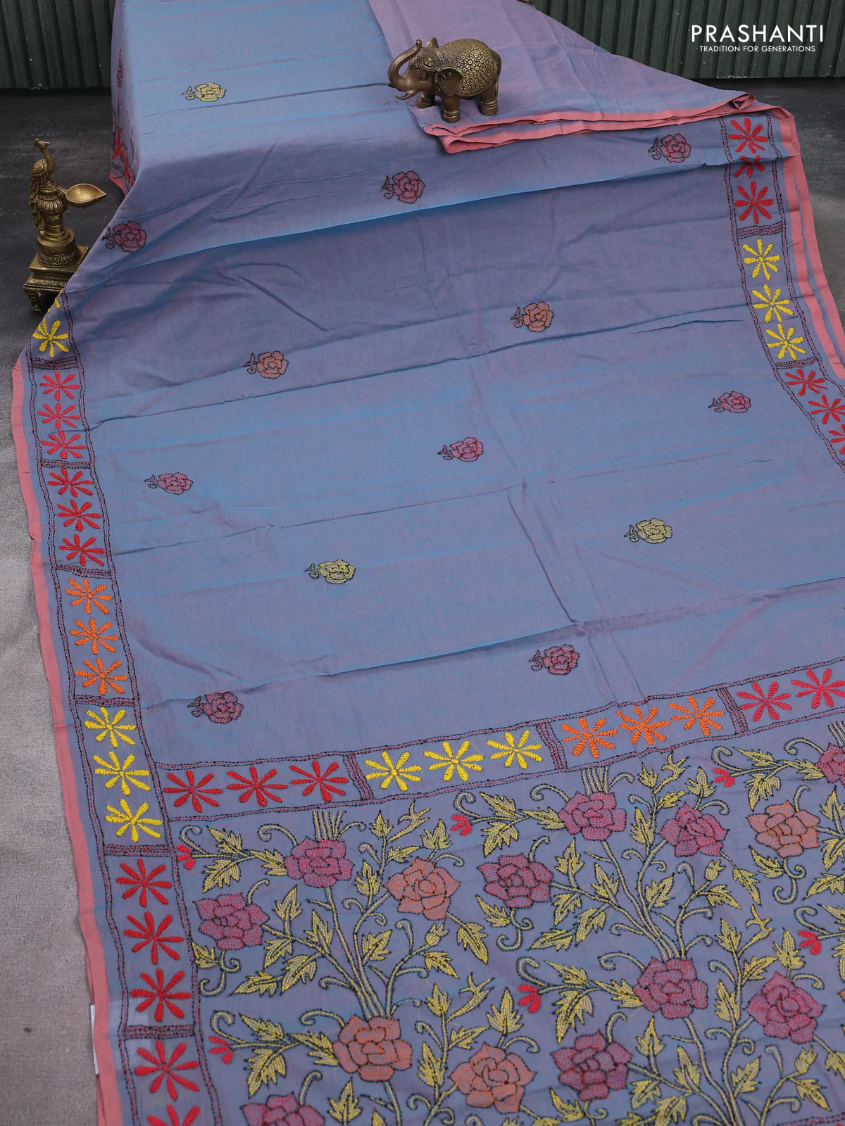 Cotton saree teal blue and pale orange with kantha stitch work and kantha stitch work pallu - Image 2
