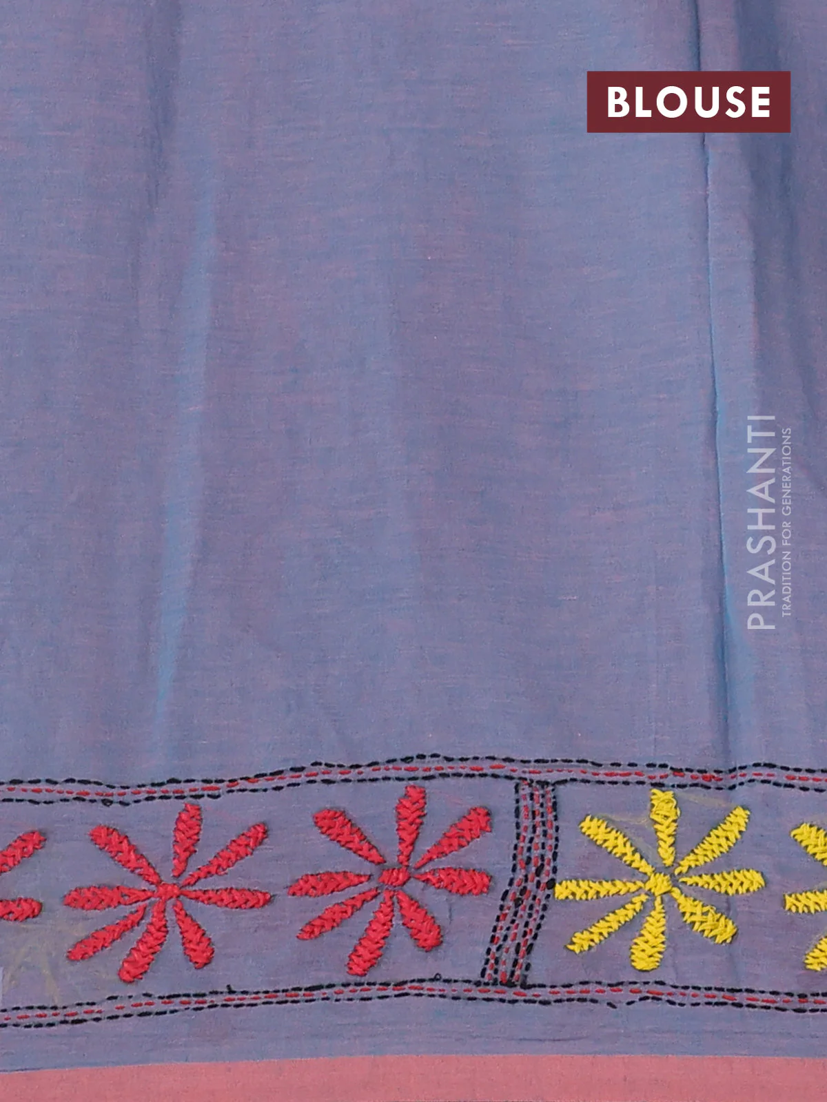 Cotton saree teal blue and pale orange with kantha stitch work and kantha stitch work pallu - Image 3