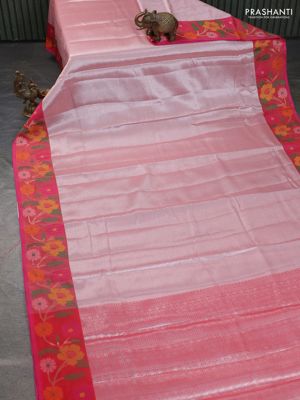 Cotton tissu zari kota saree pastel pink and pink with allover zari weaves and floral thread woven border - Image 2