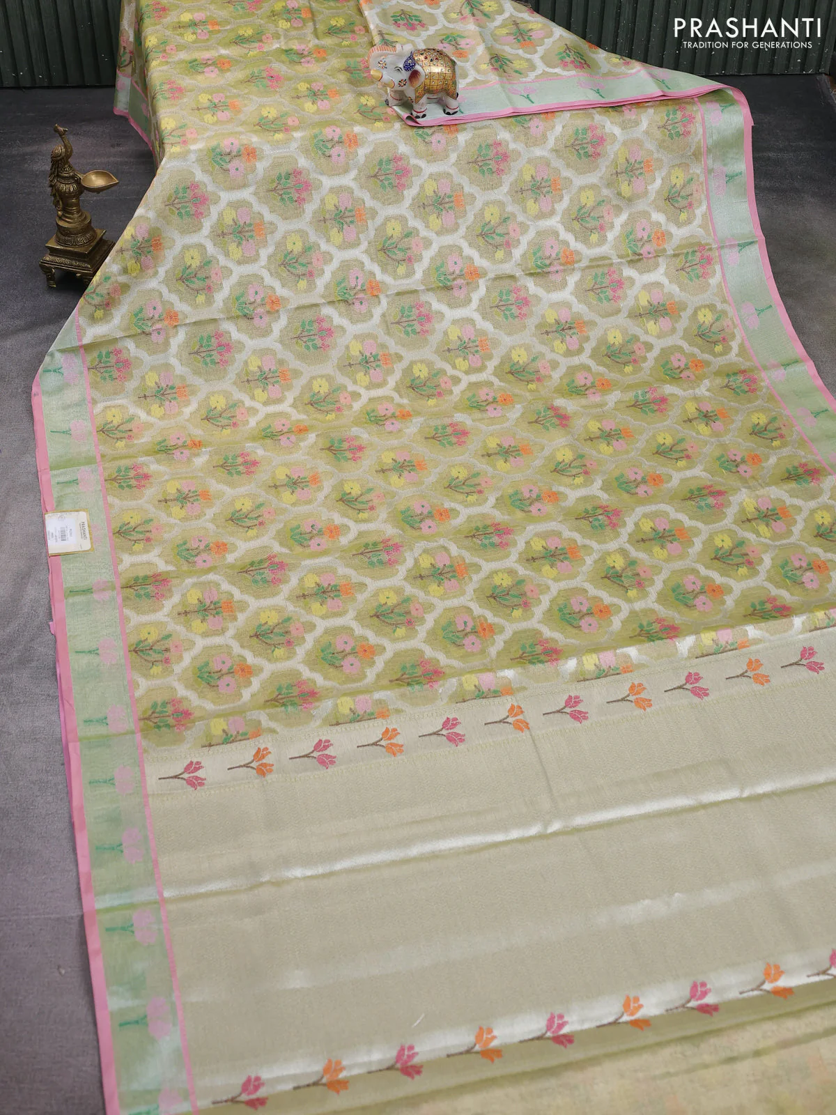 Cotton tissue zari kota saree light green and pink with allover floral zari woven buttas and floral thread woven border - Image 2