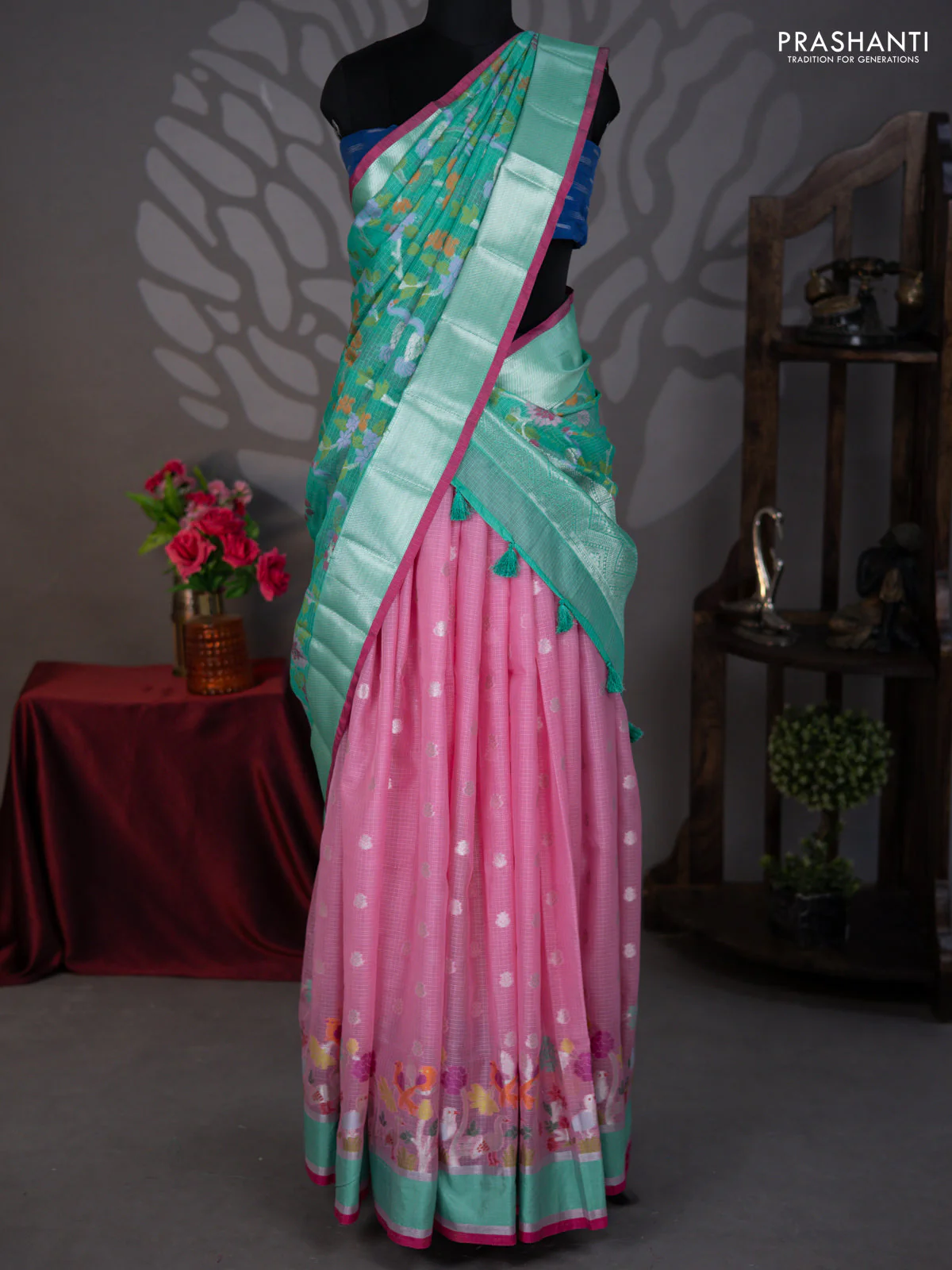 Cotton zari kota lehenga pink and green with allover jamdhani weaves and silver zari woven border