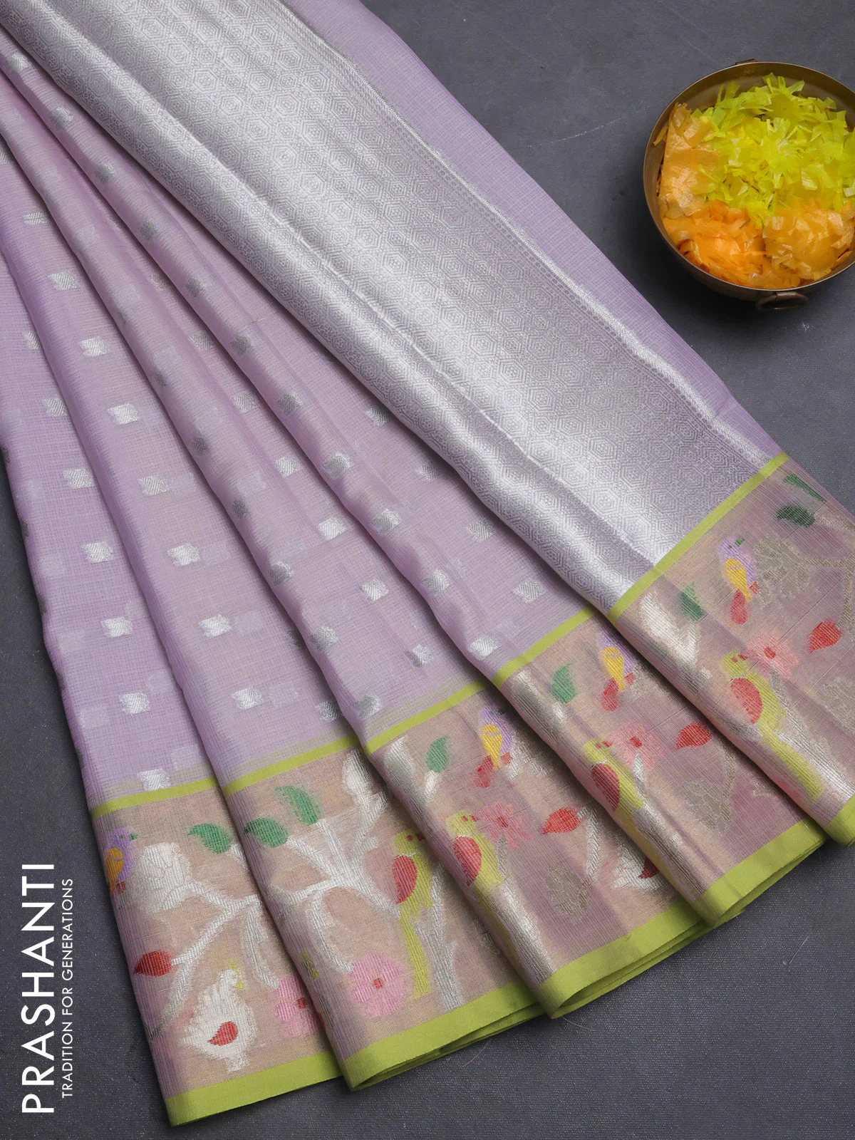 Cotton zari kota saree lavender and light green with allover silver zari woven buttas and thread & zari woven border