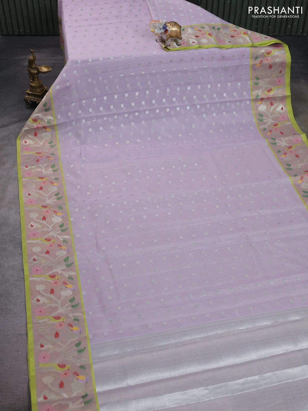 Cotton zari kota saree lavender and light green with allover silver zari woven buttas and thread & zari woven border - Image 2