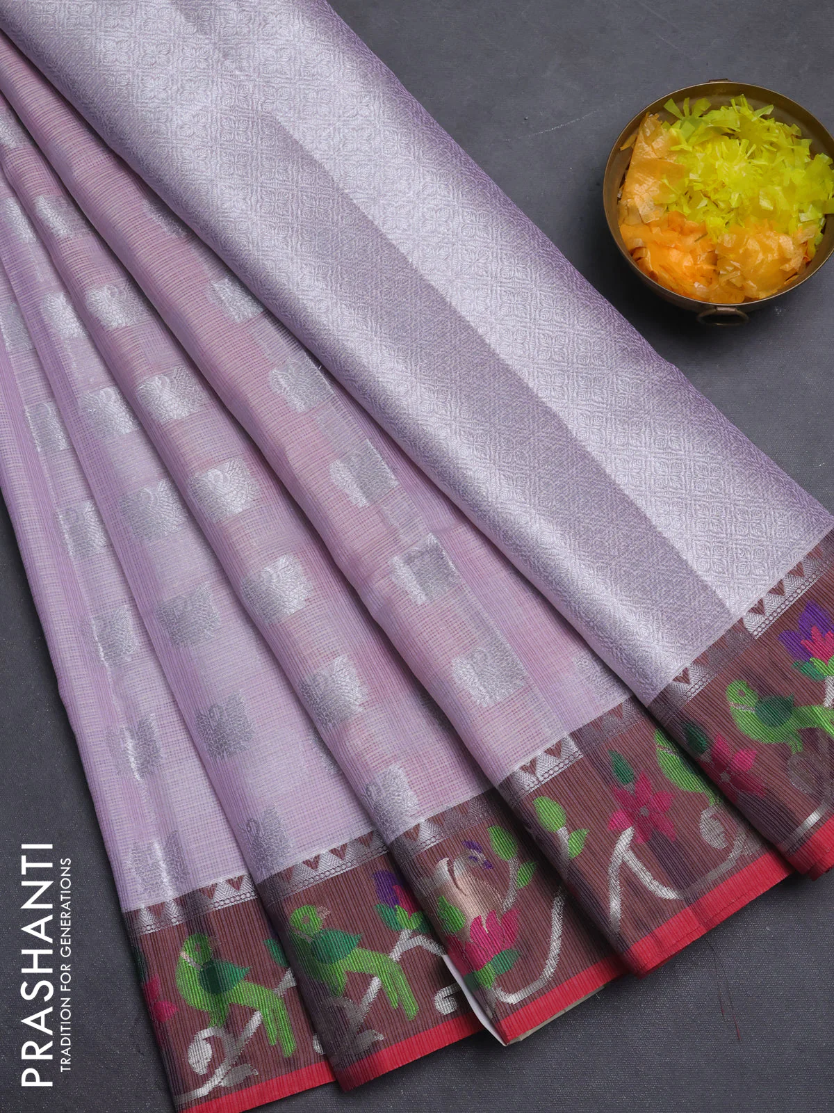 Cotton zari kota saree lavender and maroon with allover silver zari woven buttas and thread & zari woven border