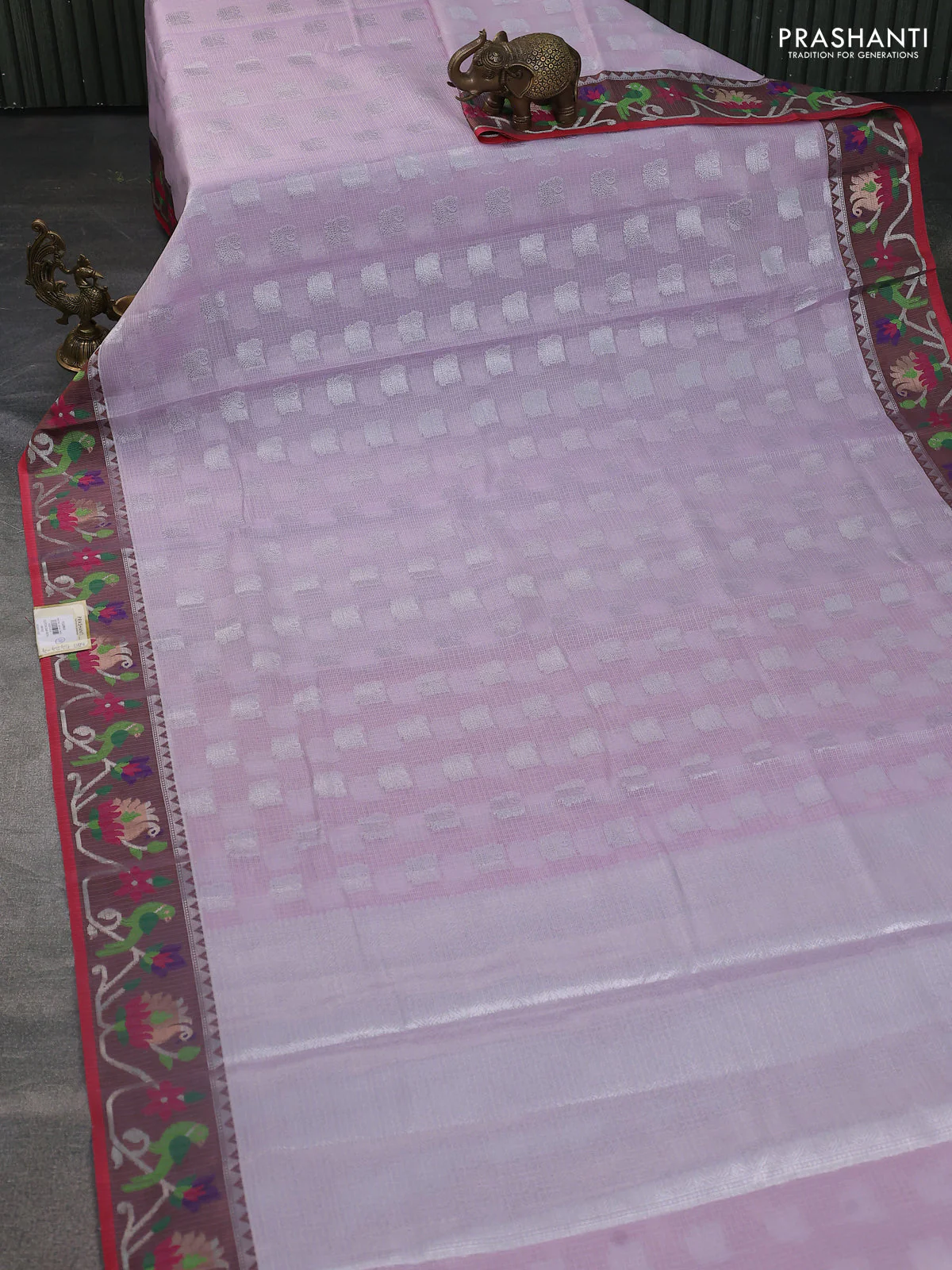 Cotton zari kota saree lavender and maroon with allover silver zari woven buttas and thread & zari woven border - Image 2