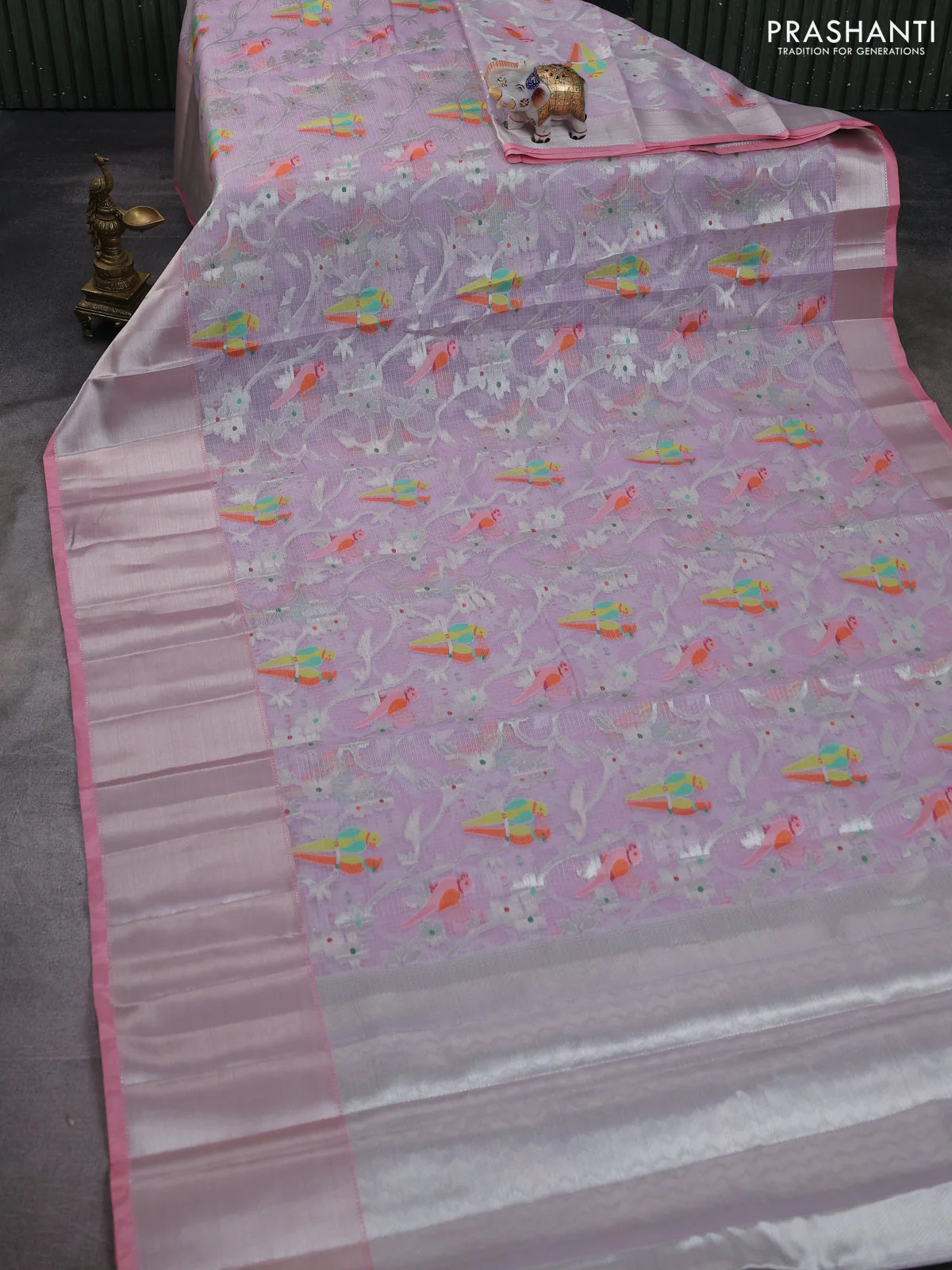 Cotton zari kota saree lavender and peach pink with allover thread & silver zari weaves and long silver zari woven border - Image 2