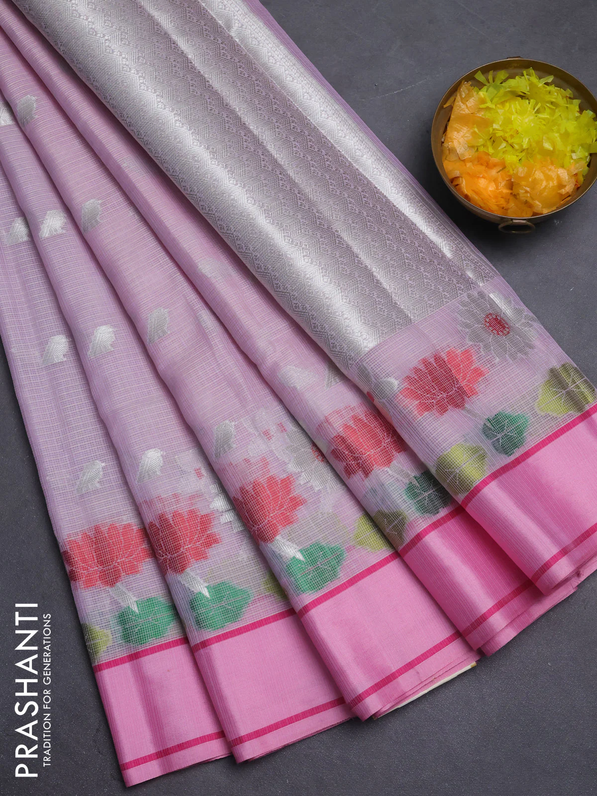 Cotton zari kota saree lavender and pink with allover silver zari woven buttas and thread & zari woven border