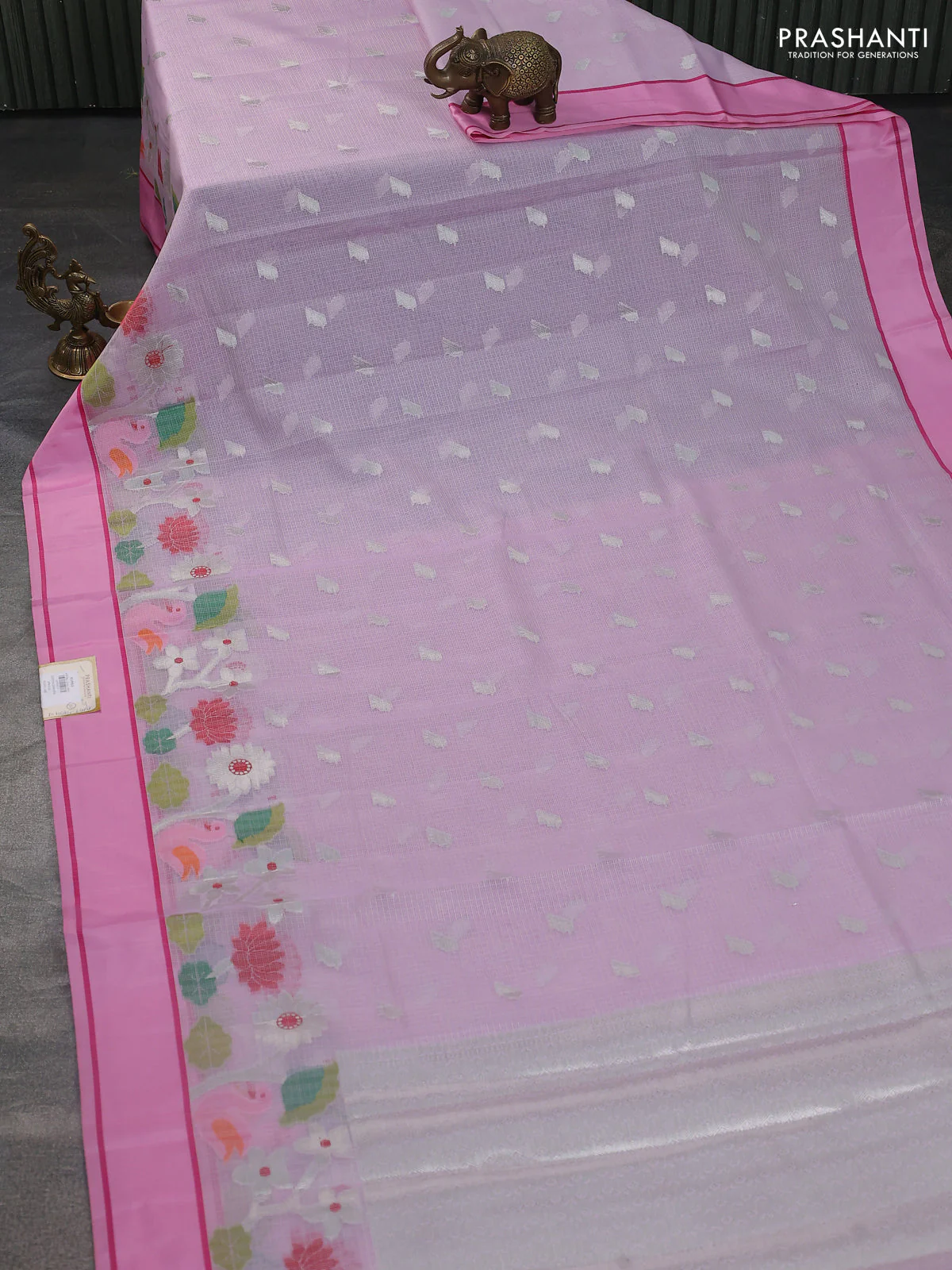 Cotton zari kota saree lavender and pink with allover silver zari woven buttas and thread & zari woven border - Image 2