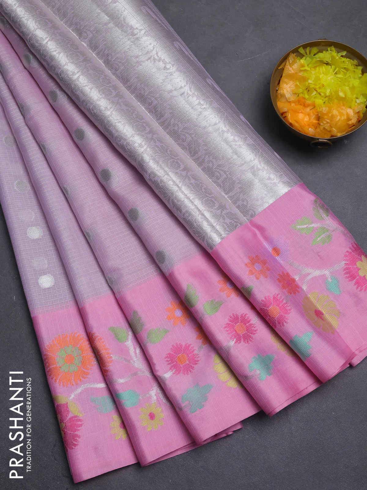 Cotton zari kota saree lavender and pink with allover zari woven buttas and thread woven butta border