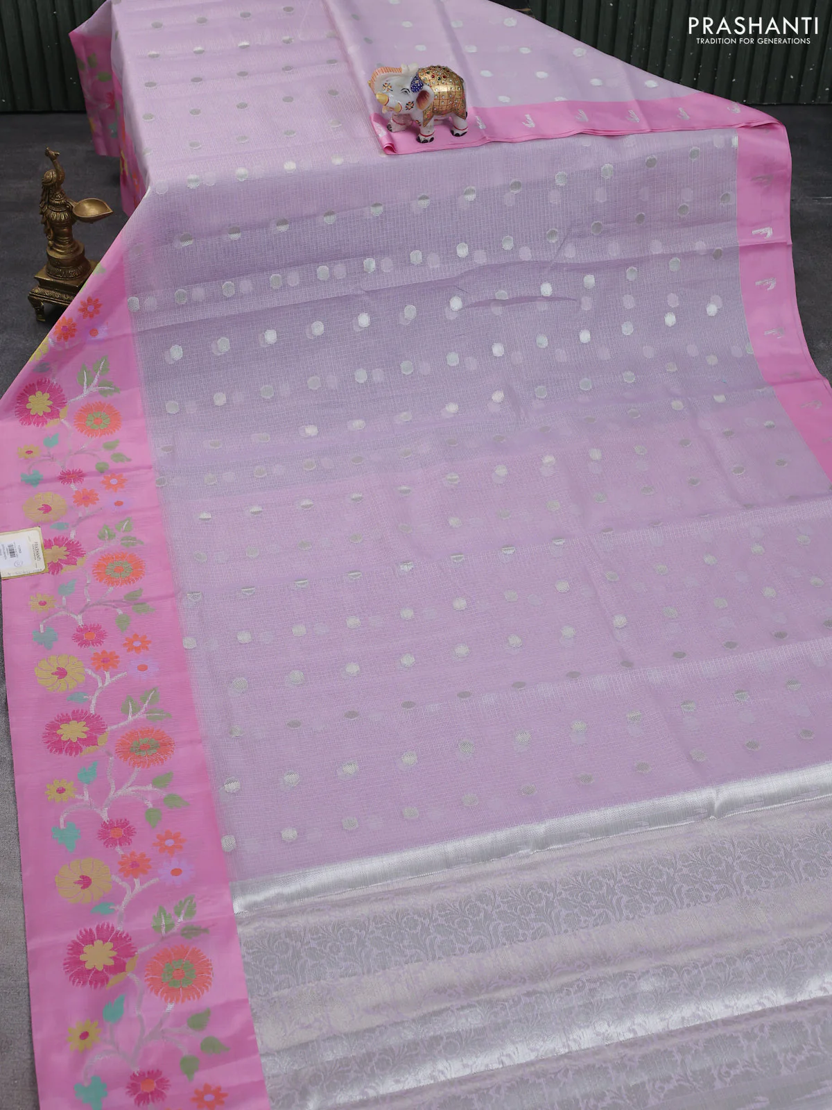 Cotton zari kota saree lavender and pink with allover zari woven buttas and thread woven butta border - Image 2