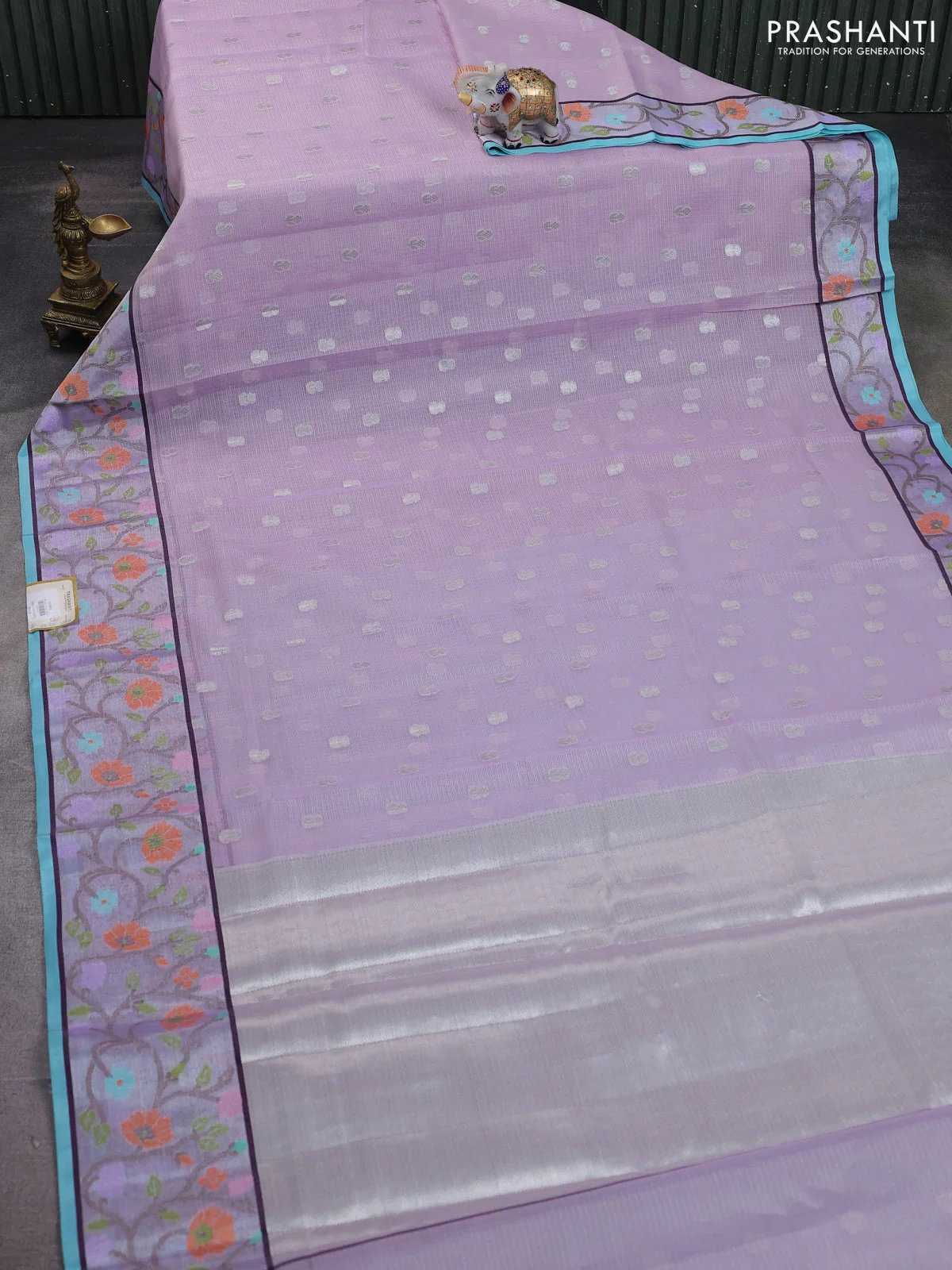 Cotton zari kota saree lavender and teal blue with allover silver zari woven buttas and silver zari woven floral paithani border - Image 2
