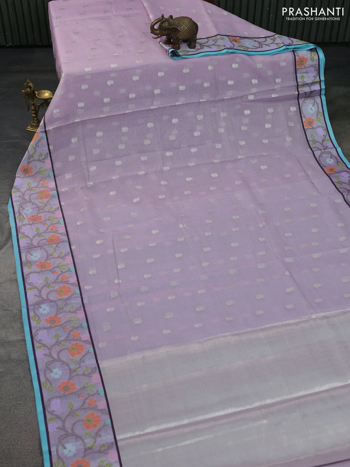 Cotton zari kota saree lavender and teal blue with allover silver zari woven buttas and zari woven paithani border - Image 2