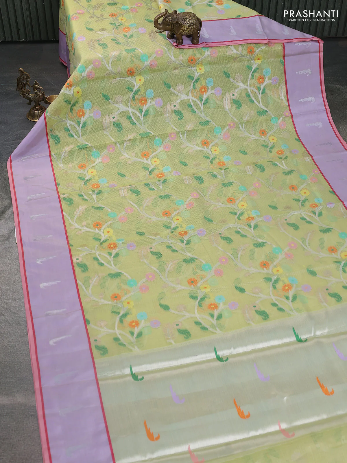 Cotton zari kota saree lime green and lavender with allover silver & gold zari woven buttas and silver zari woven muniya butta border - Image 2