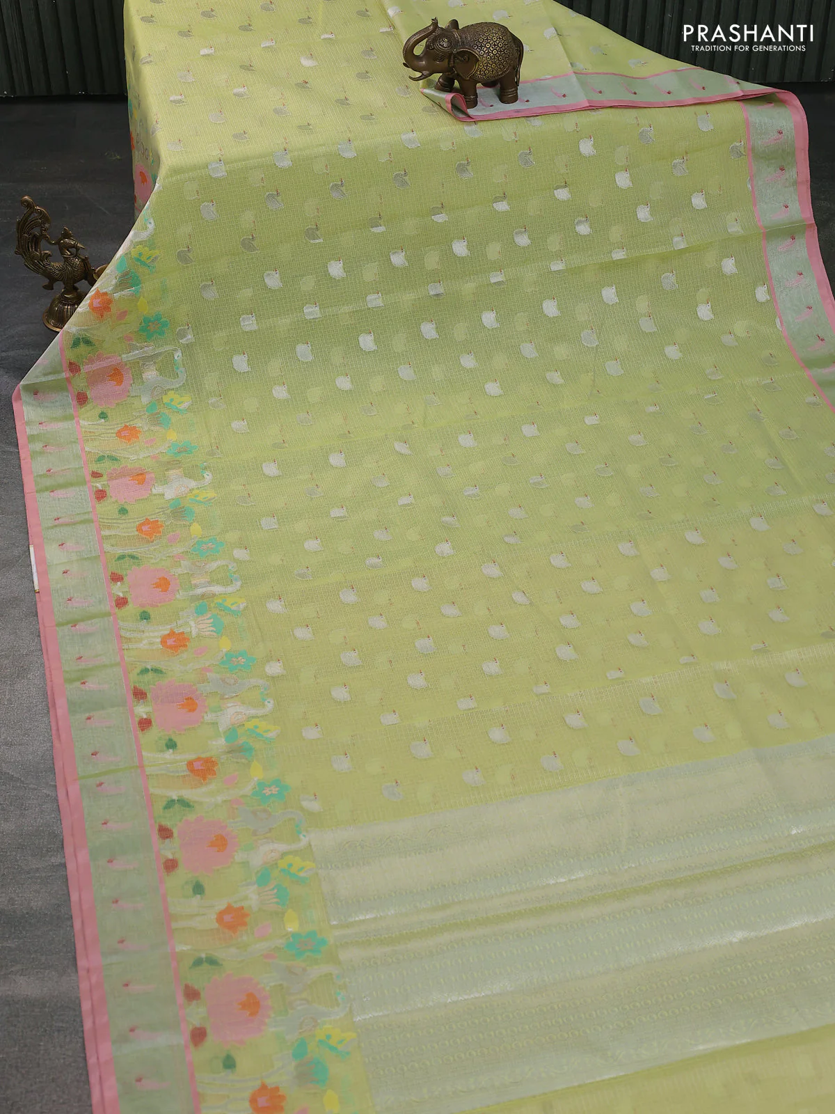 Cotton zari kota saree lime green and peach pink with allover zari woven buttas and zari woven muniya butta border - Image 2