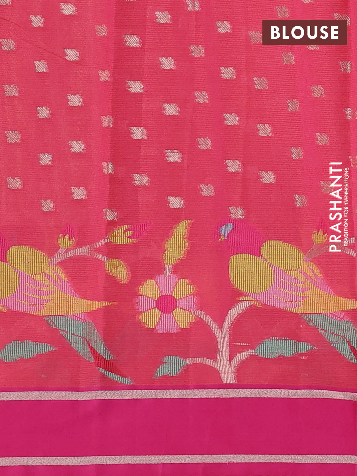 Cotton zari kota saree orange and peach pink with allover zari woven buttas and long rettapet zari woven border - Image 3