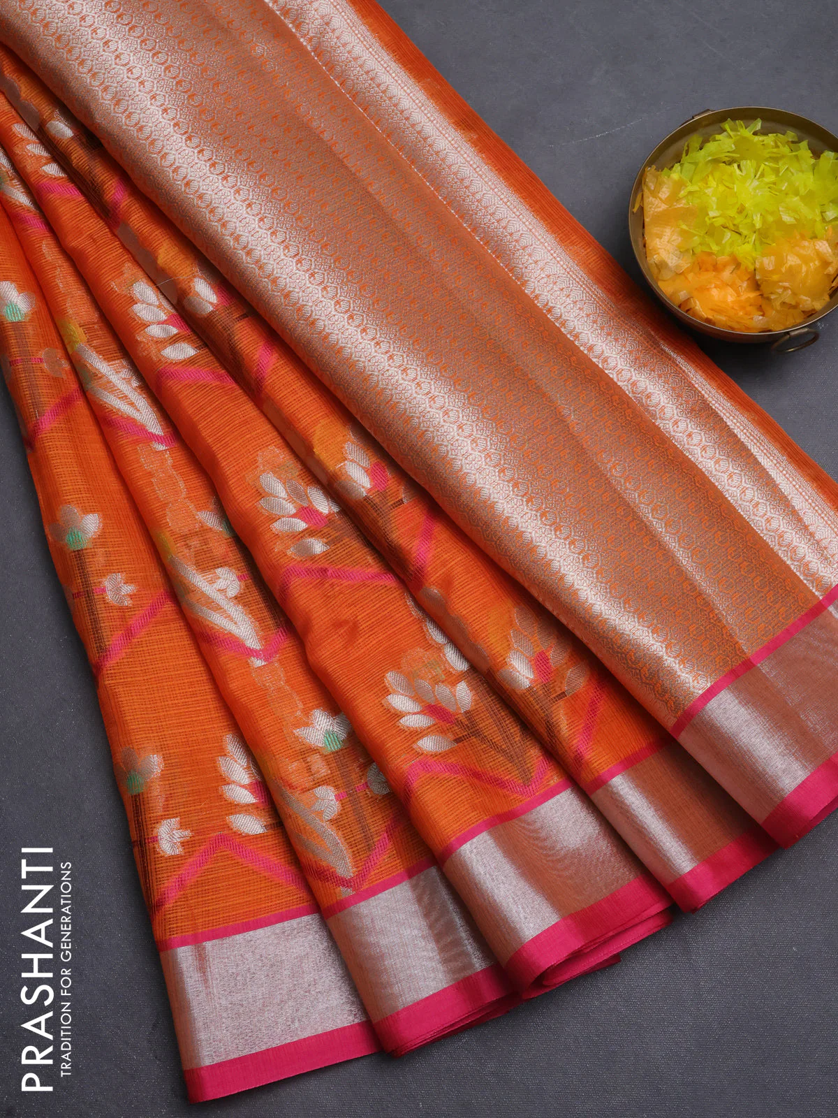Cotton zari kota saree orange and pink with allover silver zari & thread weaving and silver zari woven border
