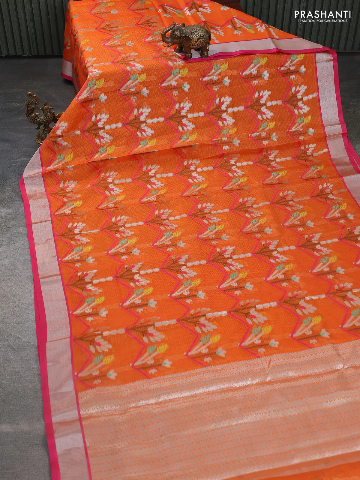 Cotton zari kota saree orange and pink with allover silver zari & thread weaving and silver zari woven border - Image 2