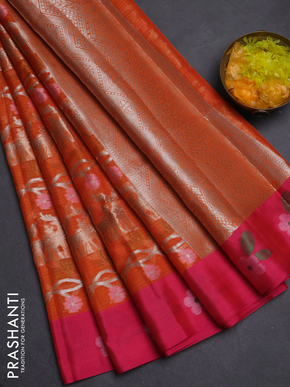 Cotton zari kota saree orange and pink with allover silver zari weaves and thread woven border