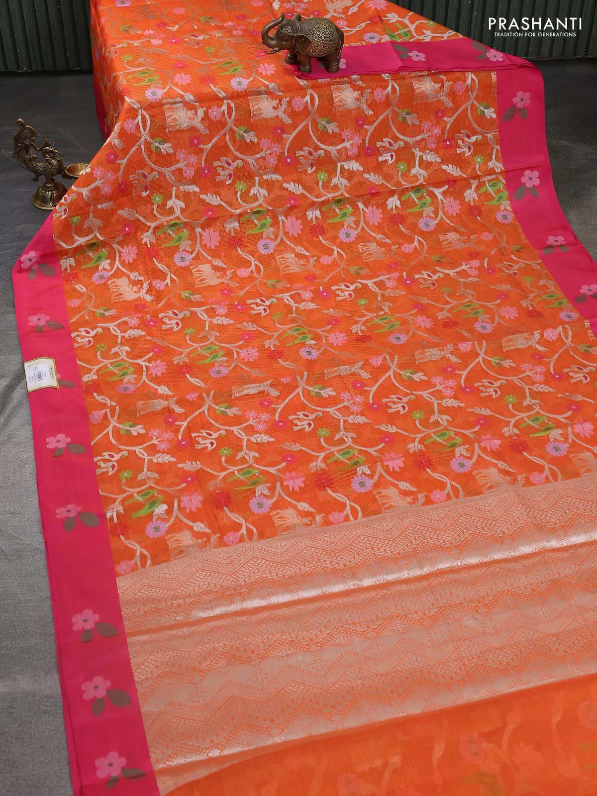 Cotton zari kota saree orange and pink with allover silver zari weaves and thread woven border - Image 2