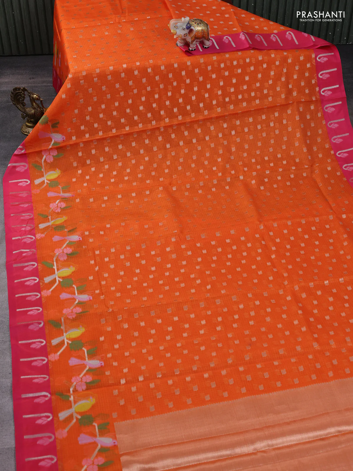 Cotton zari kota saree orange and pink with allover zari woven buttas and thread woven butta border - Image 2