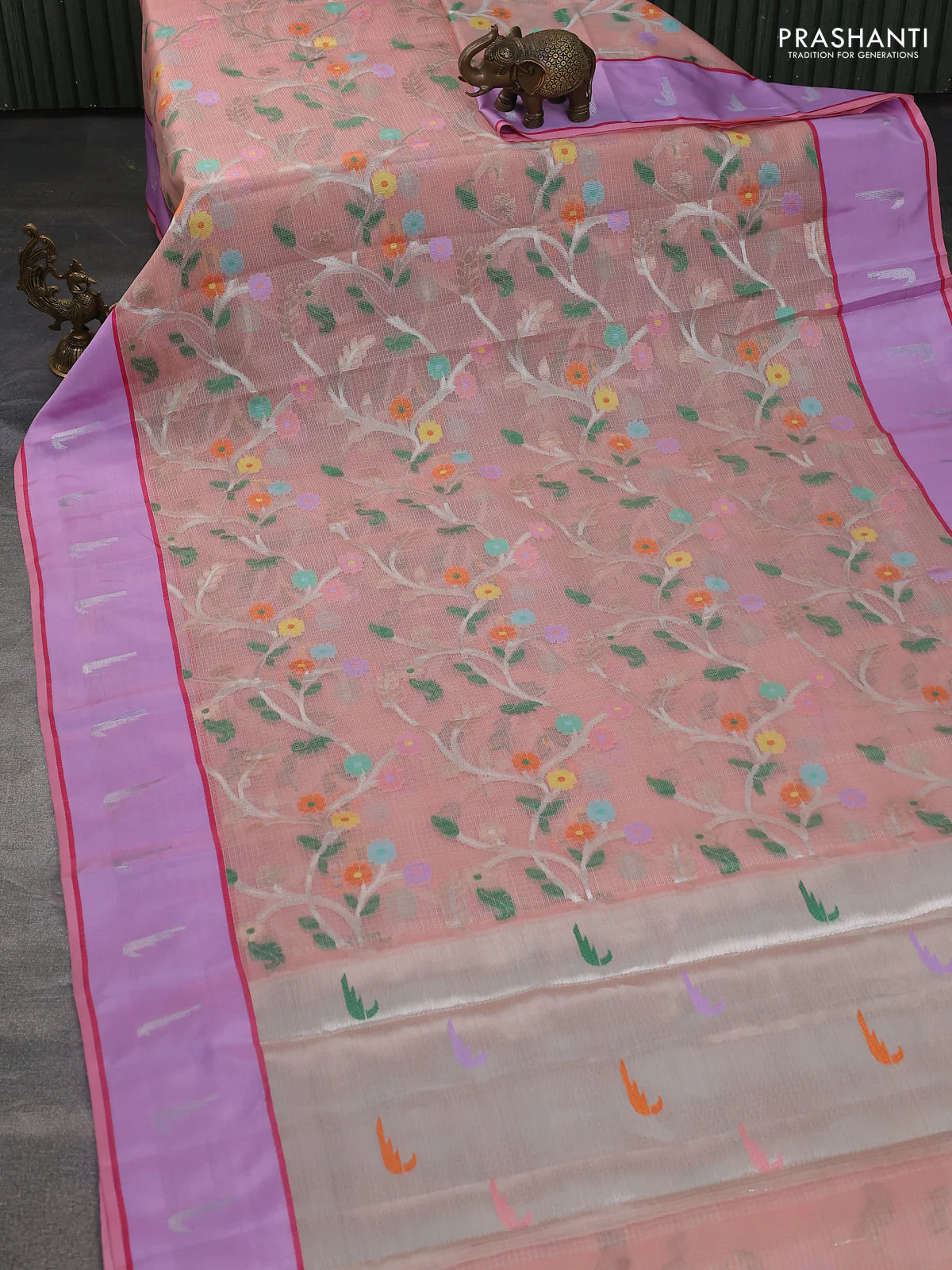 Cotton zari kota saree pale orange and lavender with allover silver & gold zari woven buttas and silver zari woven muniya butta border - Image 2