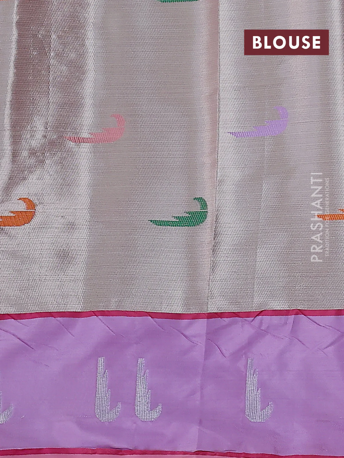 Cotton zari kota saree pale orange and lavender with allover silver & gold zari woven buttas and silver zari woven muniya butta border - Image 3