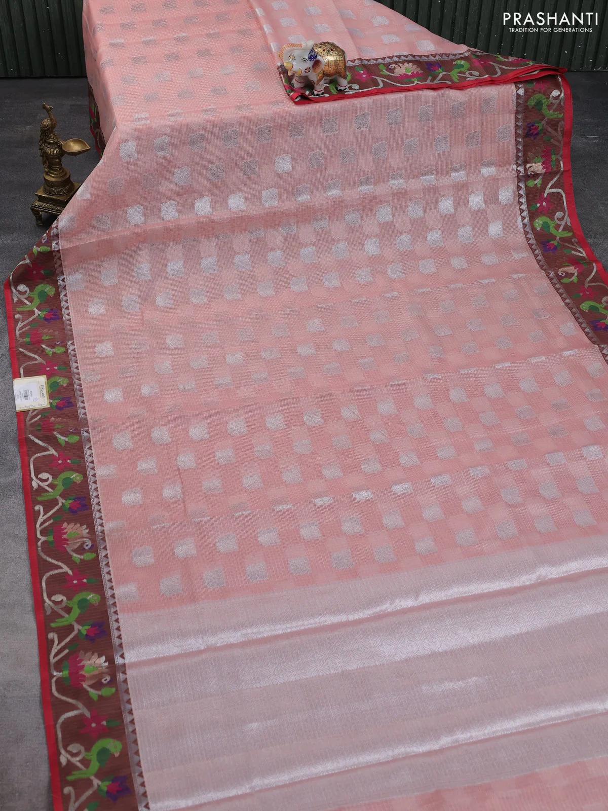 Cotton zari kota saree pale orange and maroon with allover silver zari woven buttas and thread & zari woven border - Image 2