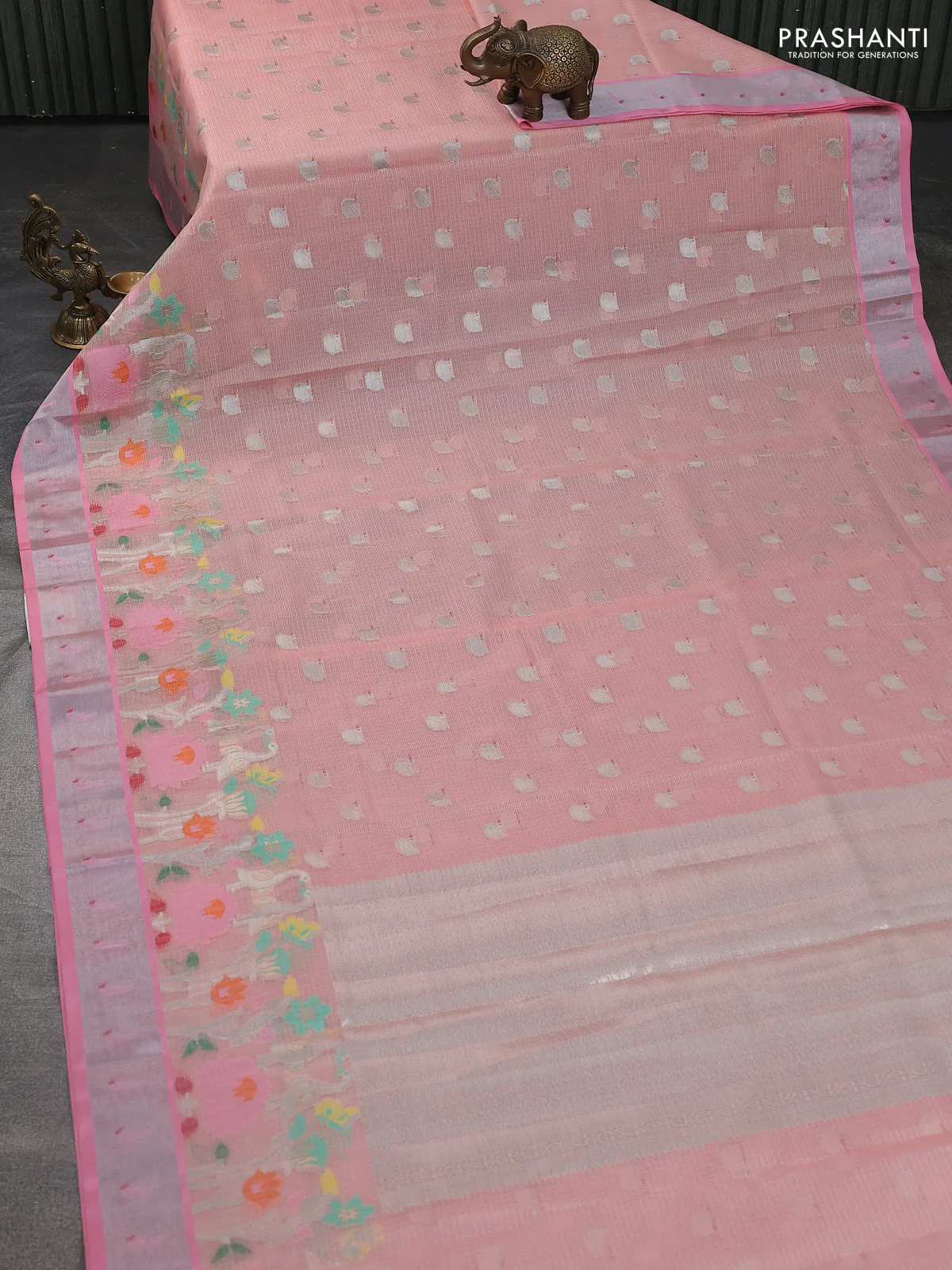 Cotton zari kota saree pale orange and peach pink with allover zari woven buttas and zari woven muniya butta border - Image 2