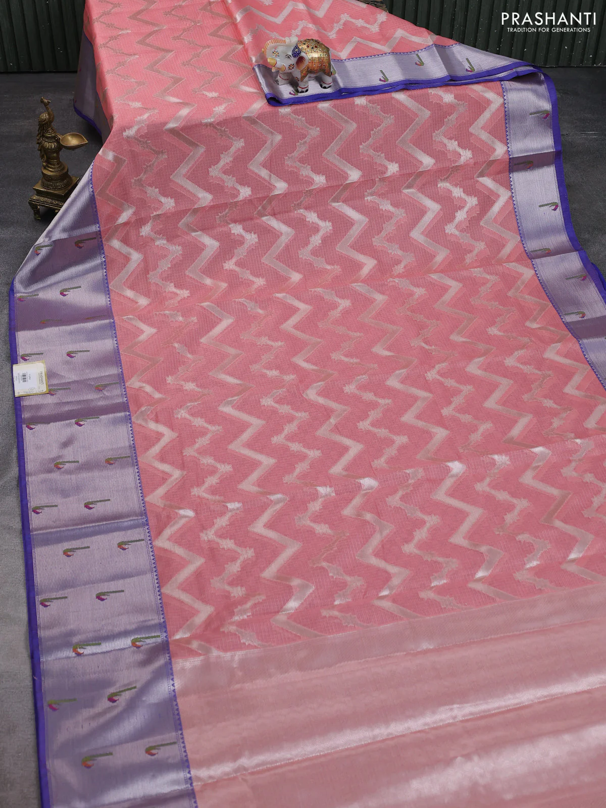 Cotton zari kota saree peach pink and blue with allover zari weaves and zari woven muniya butta border - Image 2