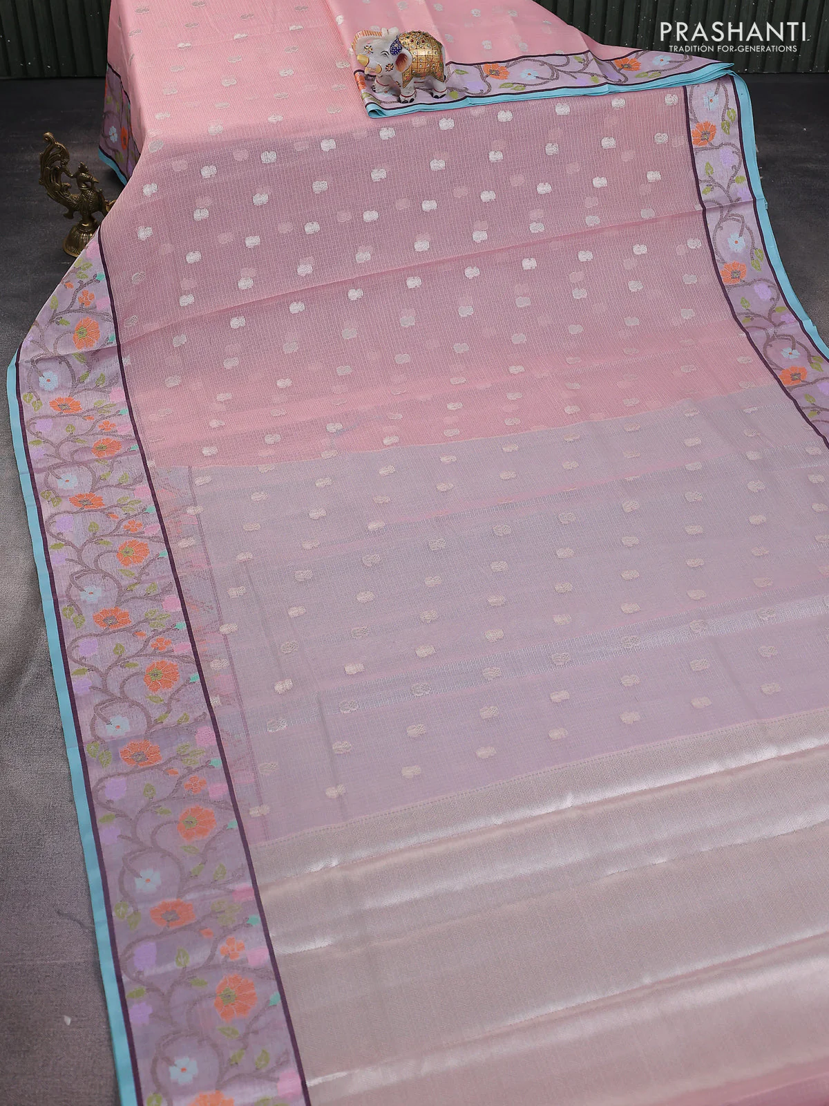 Cotton zari kota saree peach pink and teal blue with allover silver zari woven buttas and zari woven paithani border - Image 2