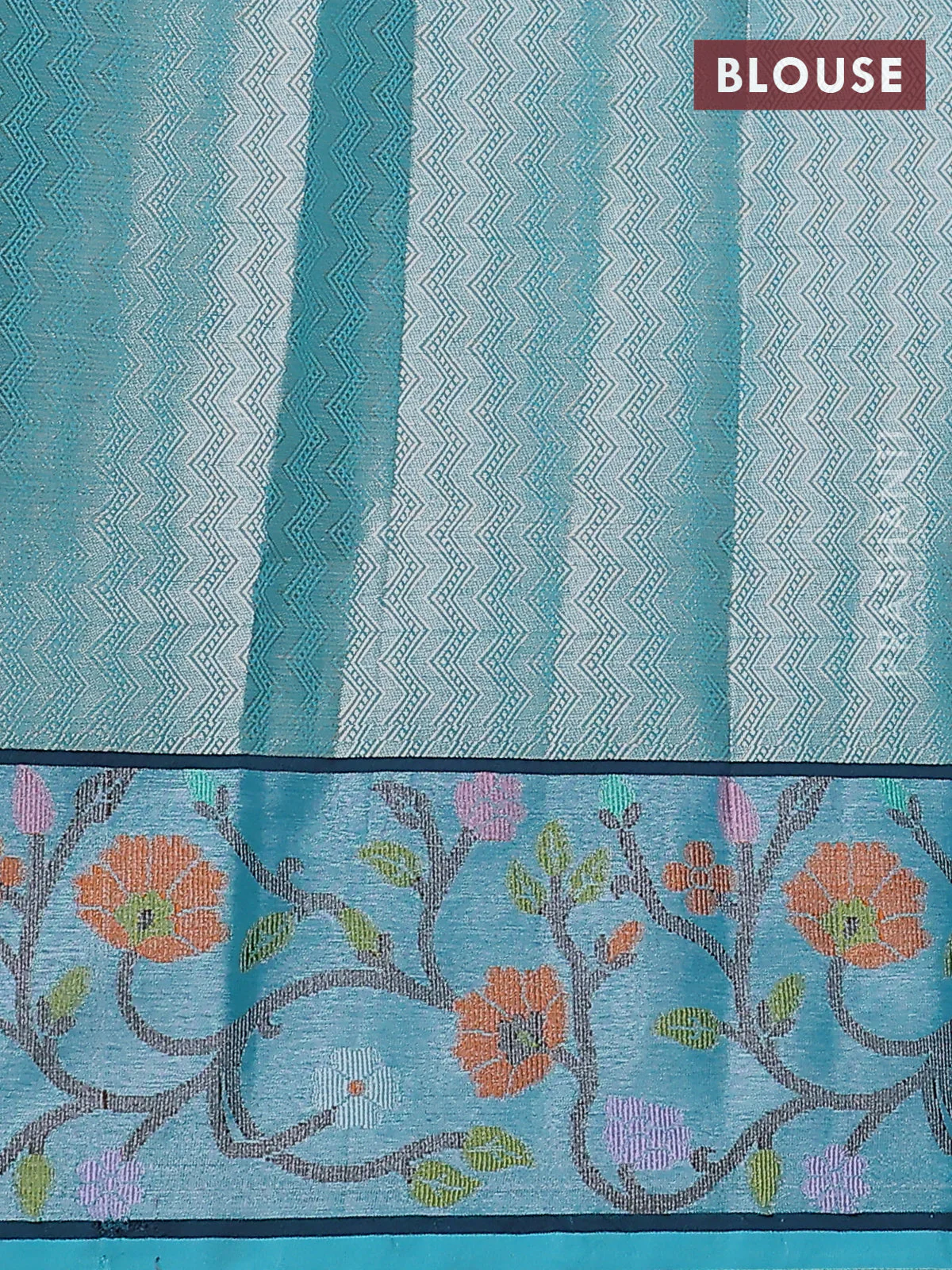 Cotton zari kota saree peach pink and teal blue with allover silver zari woven buttas and zari woven paithani border - Image 3