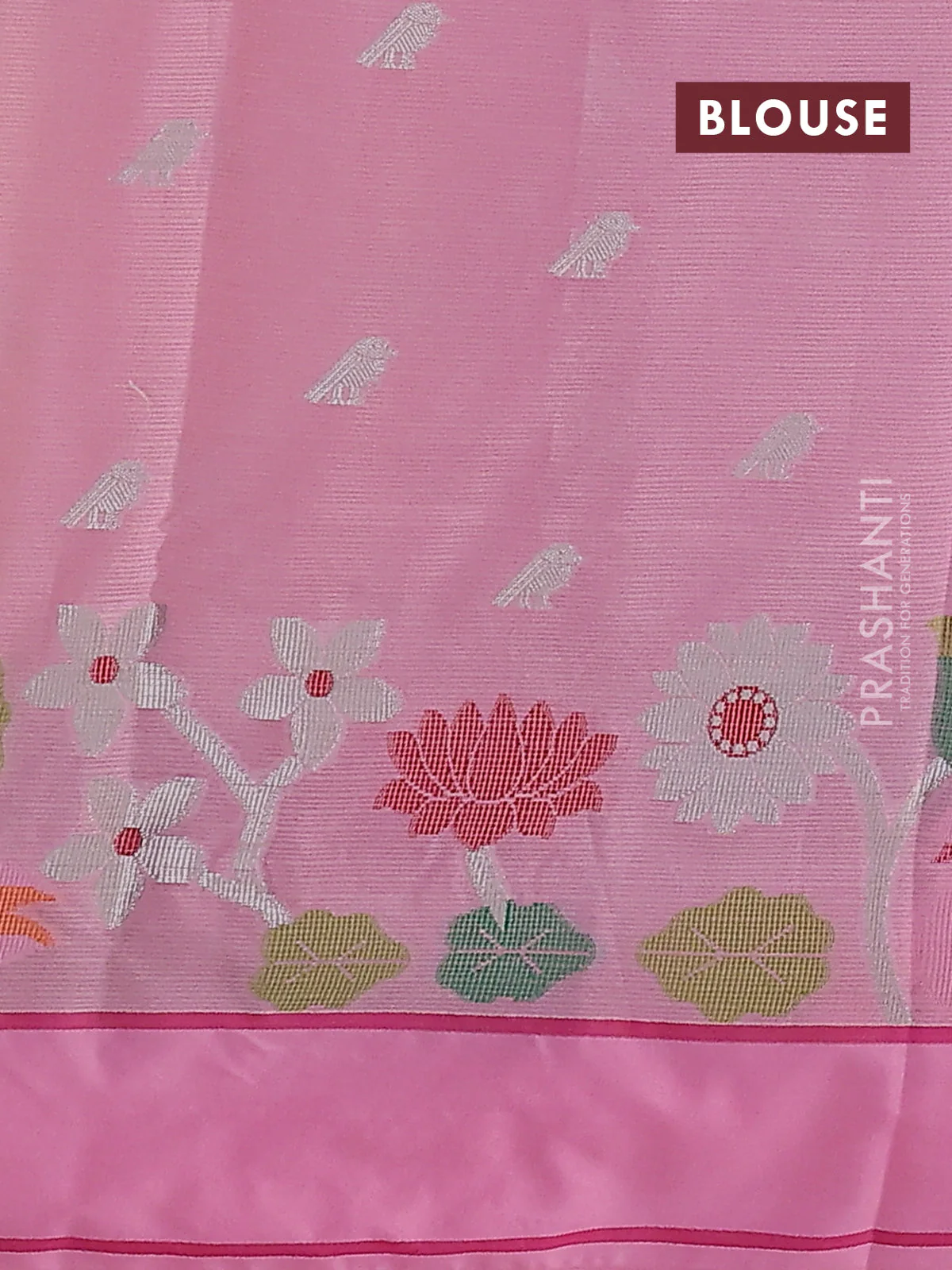 Cotton zari kota saree pista green and peach pink with allover silver zari woven buttas and thread & zari woven border - Image 3