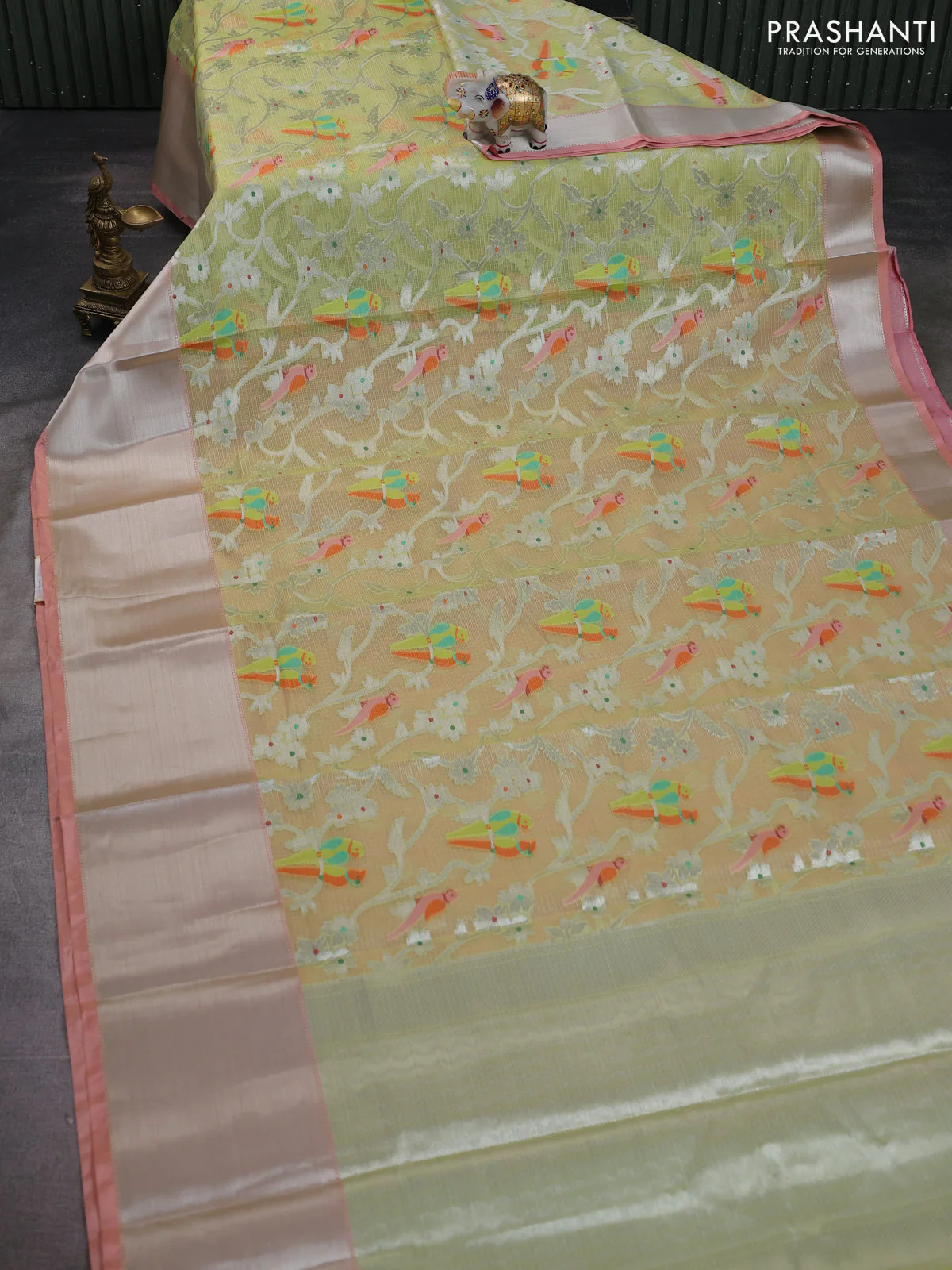 Cotton zari kota saree pista green and peach pink with allover thread & silver zari weaves and long silver zari woven border - Image 2