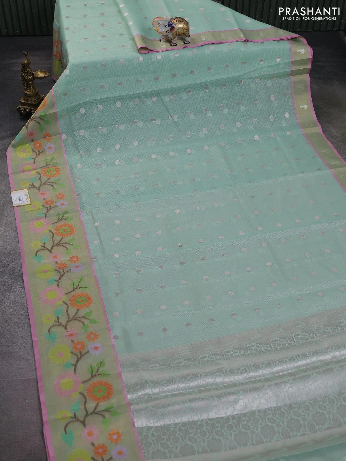 Cotton zari kota saree pista green and peach pink with allover zari woven buttas and thread woven butta border - Image 2