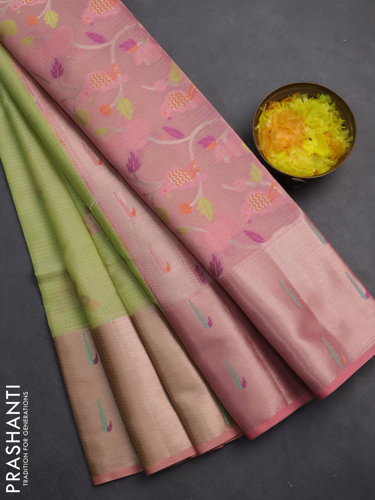 Cotton zari kota saree pista green and peach pink with thread woven buttas and muniya butta border