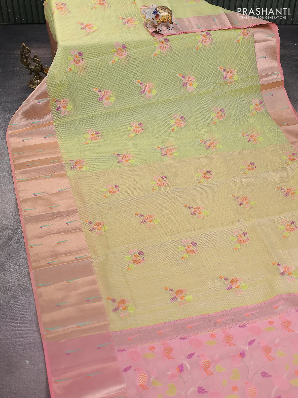 Cotton zari kota saree pista green and peach pink with thread woven buttas and muniya butta border - Image 2