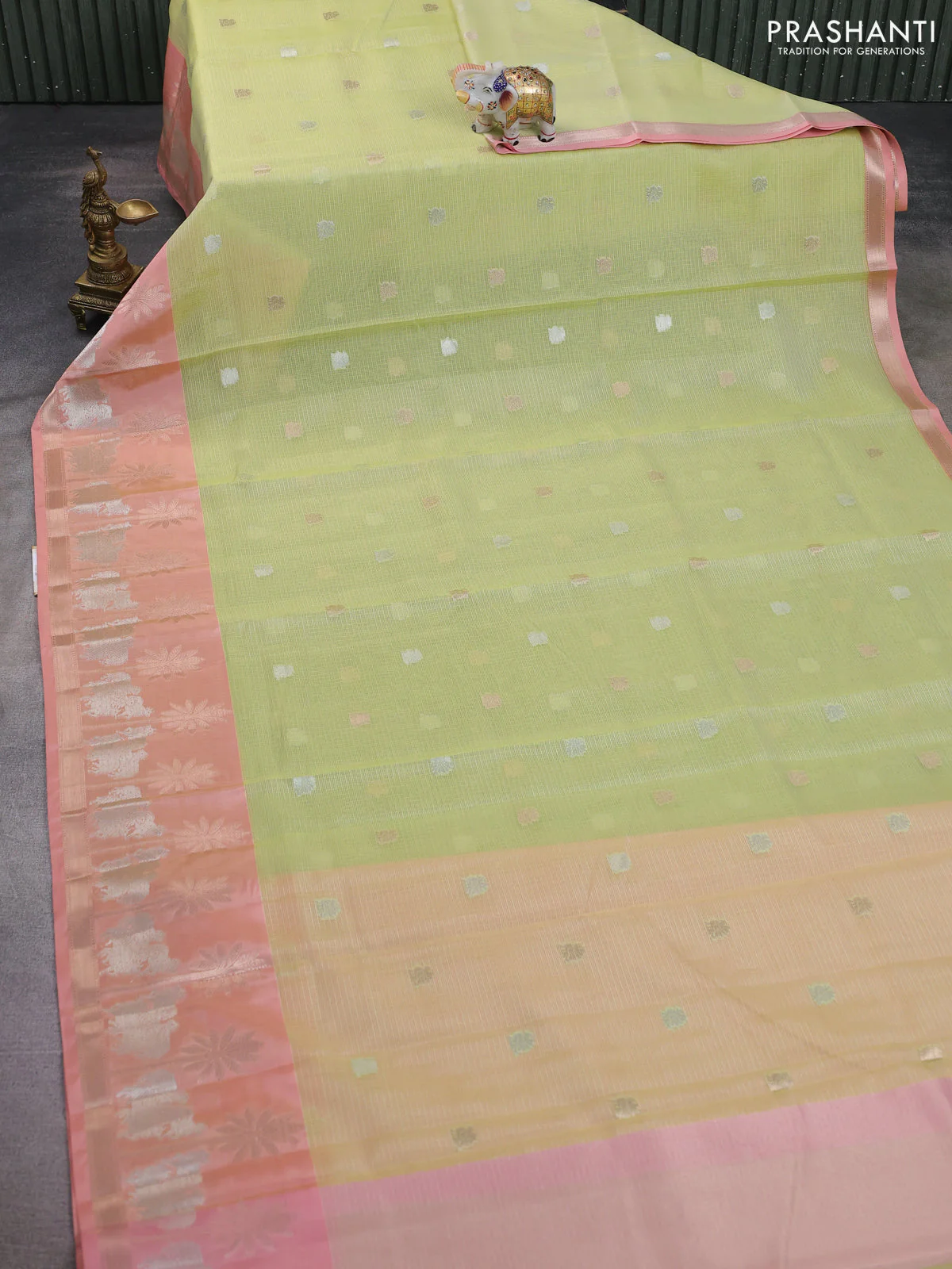 Cotton zari kota saree pista green and peach shade with silver & gold zari woven annam buttas and pichwai zari woven border - Image 2