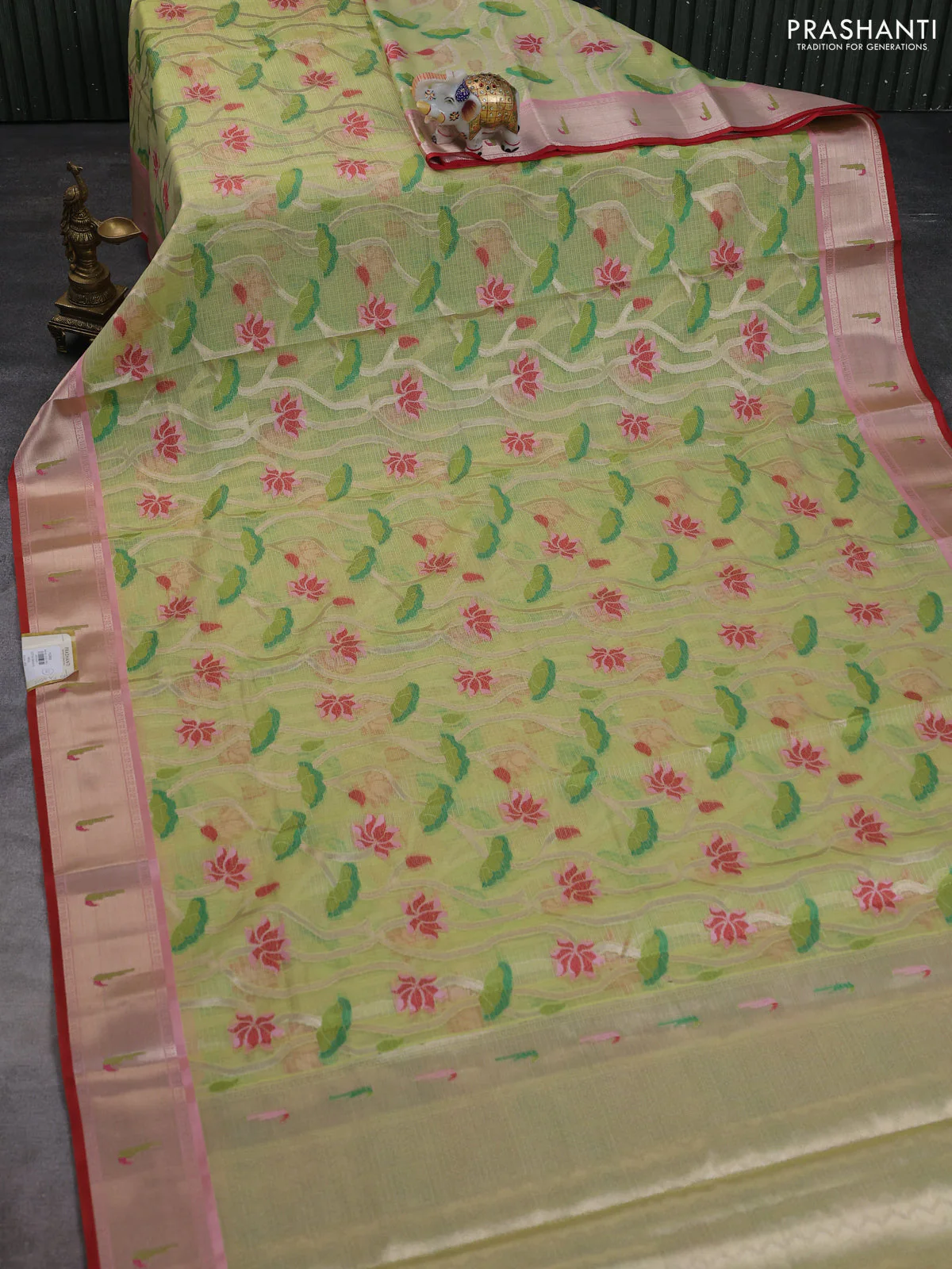 Cotton zari kota saree pista green and pink with allover floral zari weaves and zari woven muniya butta border - Image 2