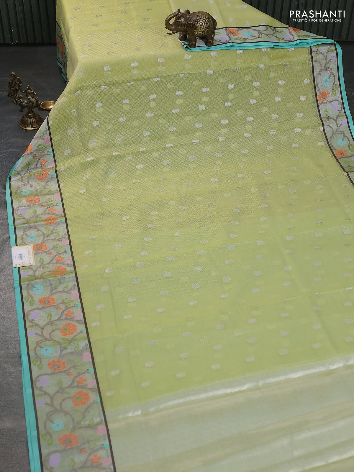 Cotton zari kota saree pista green and teal blue with allover silver zari woven buttas and silver zari woven floral paithani border - Image 2