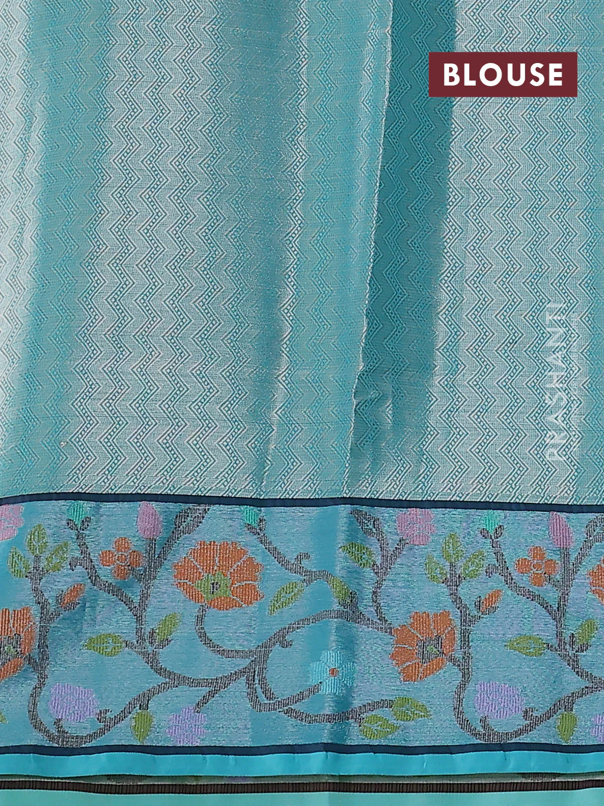 Cotton zari kota saree pista green and teal blue with allover silver zari woven buttas and silver zari woven floral paithani border - Image 3