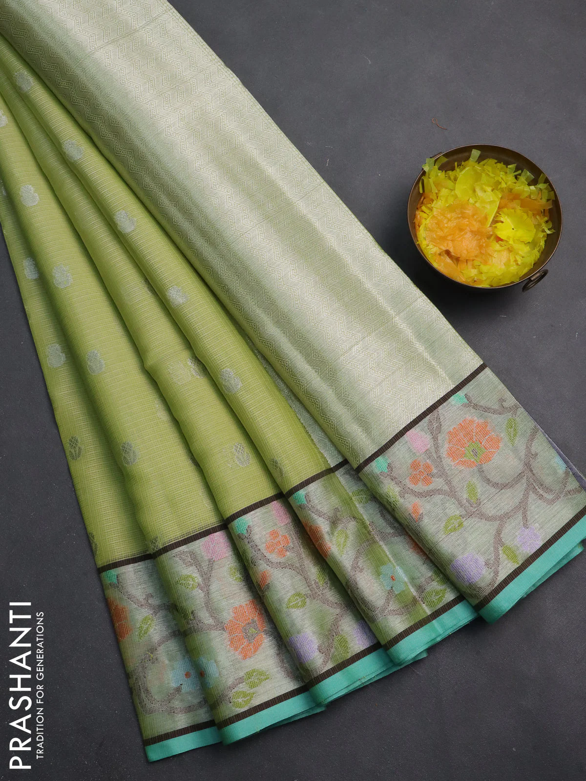 Cotton zari kota saree pista green and teal blue with allover silver zari woven buttas and zari woven paithani border