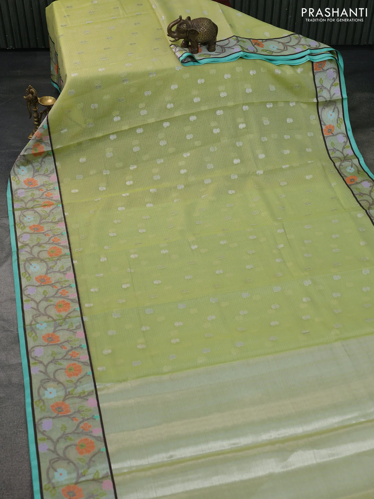 Cotton zari kota saree pista green and teal blue with allover silver zari woven buttas and zari woven paithani border - Image 2